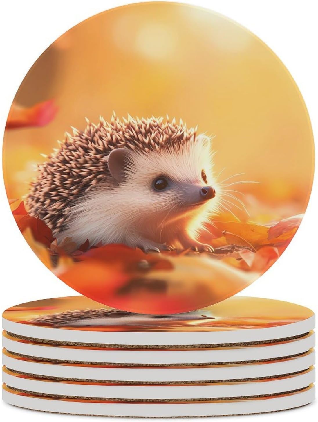 Cute Hedgehog Colorful Autumn Round Ceramic Coasters Print Drinks Absorbent with Cork Base for Home Decor Gifts 4 Inch