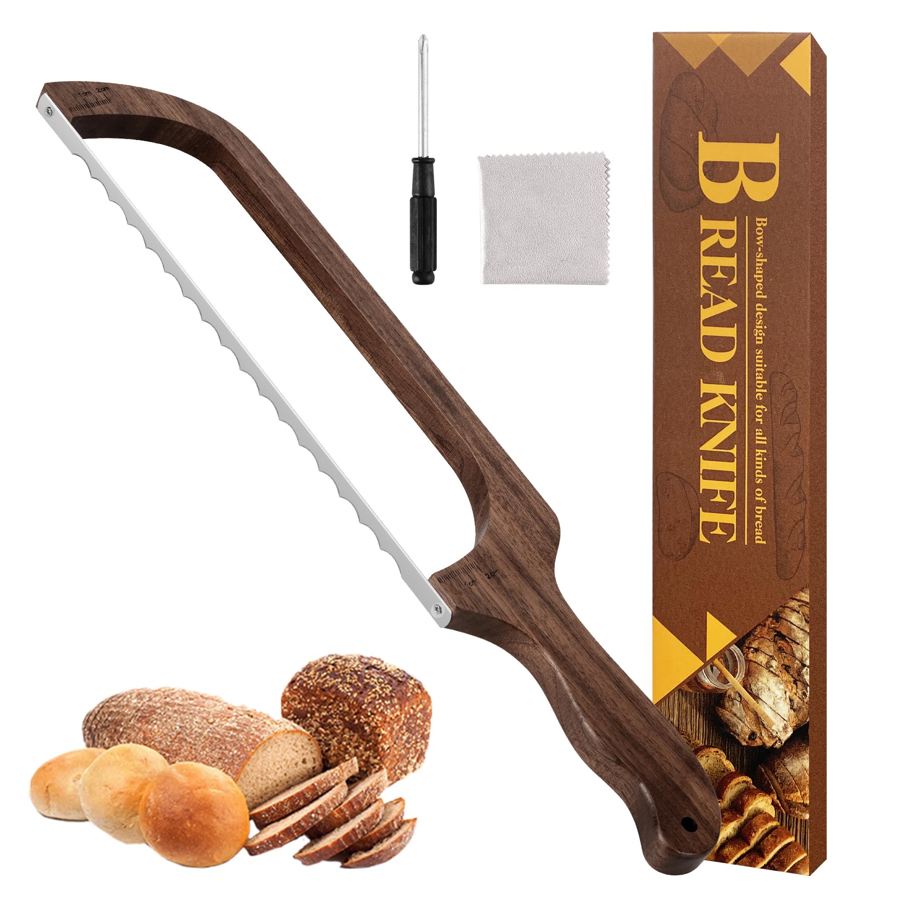 Bread Knife, Sourdough Bread Slicer for Homemade Bread, Bread Cutter with Measuring Scale, Walnut Serrated Knife with Cover and Scoring Tool, Ideal for People Who Love Baking Homemade Bread