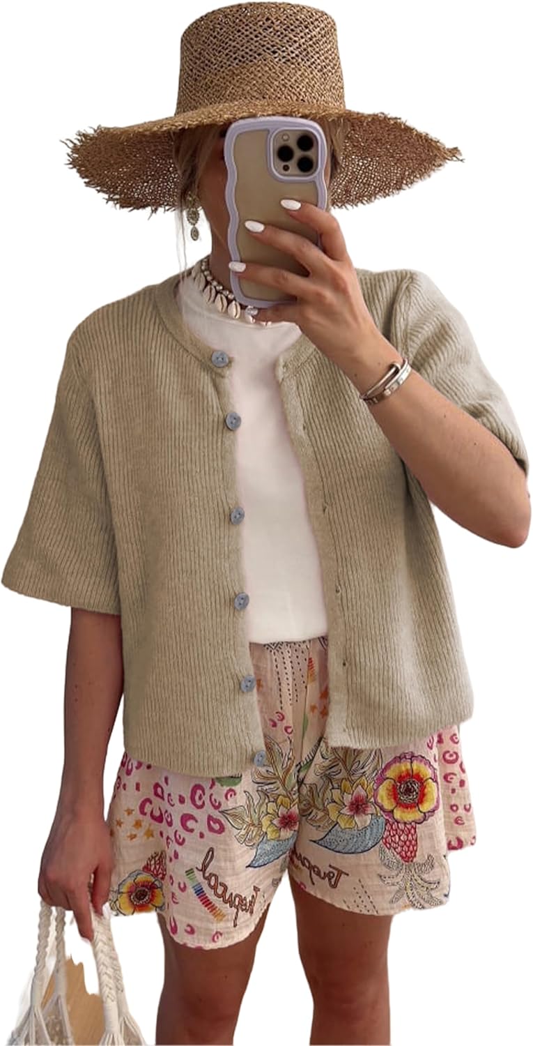 Tanming Womens Cardigan Sweaters Soft Knit Top Short Sleeve Button-Down Shirt Summer Cardigan Sweater