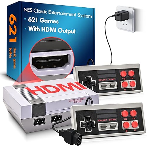 Retro Game Console for NES, Retro Gaming Console with 621 Built-in Games, HDMI Output Classic Mini Entertainment System for Nintendo, Plug and Play with Dual Controllers