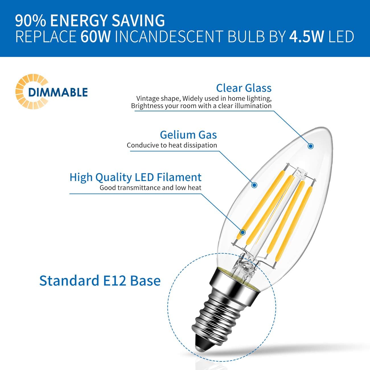 ANWIO B11 LED Filament Bulb E12 Candelabra Base 4.5W(60W Equivalent), Dimmable 2700K Warm White Chandelier Decorative Candle Light Bulb, B11 Chandelier Light Bulbs (24-Pack)