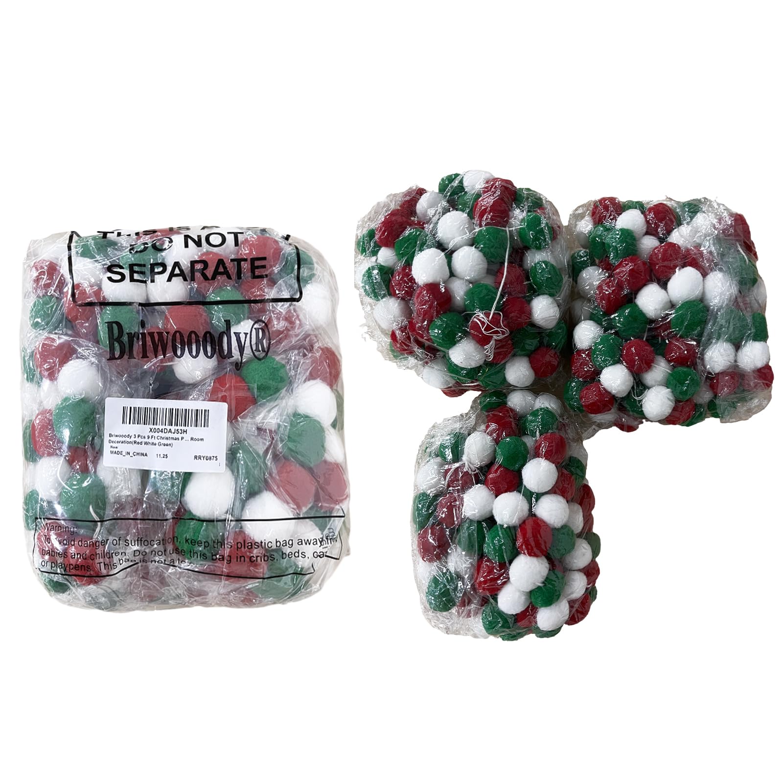 Briwooody 3 guirnaldas de pompones de Navidad de 9 pies, 123 bolas colgantes de fieltro, pompones, guirnalda para pared, árbol de Navidad, decoración interior del hogar (rojo, blanco y verde)