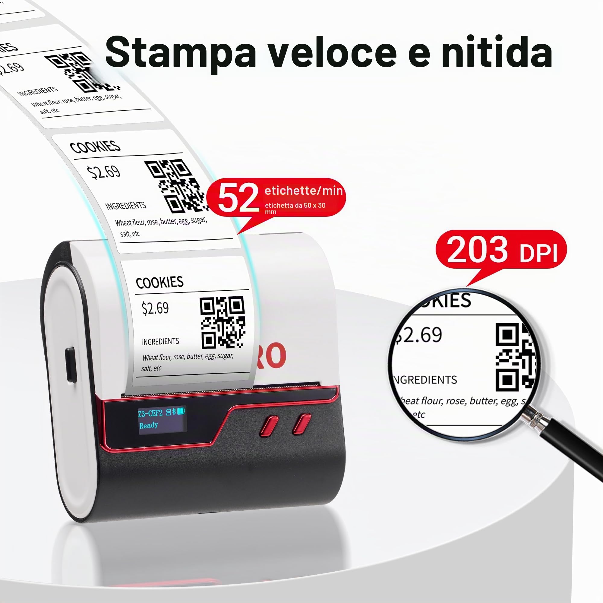 ORGBRO Etichettatrice, Z3 Termica Stampante Etichette Adesive Mini Stampante per Codici a Barre per Gioielleria, Supermercati e Piccole Imprese con 1 Rotolo di Etichette Bianche 50x30 mm, Rosso