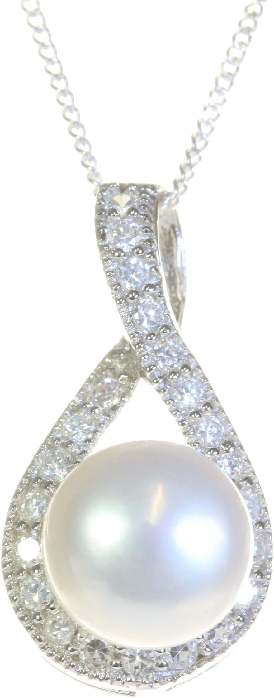 Argenti di Lusso Women Classical 925 Sterling Silver 8.0mm White Freshwater Cultured Pearl Pendant Chain with Cubic Zirconia
