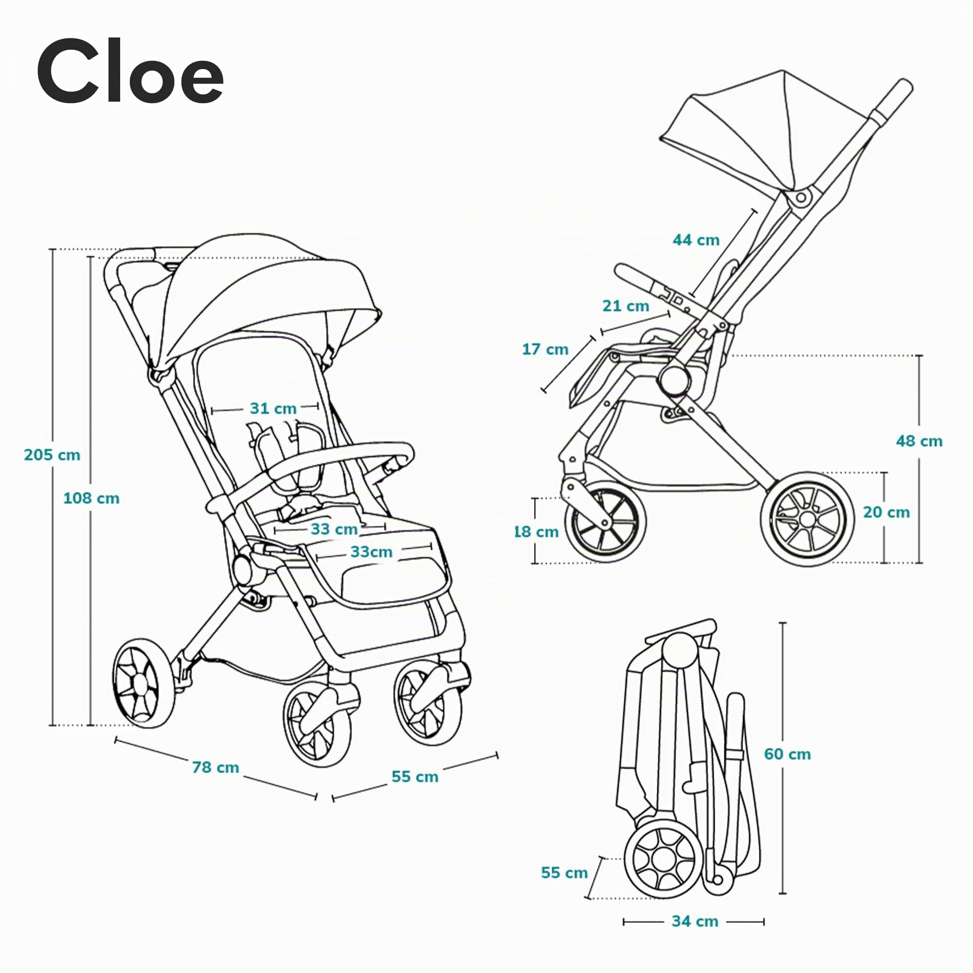 LIONELO Cloe Passeggino Leggero e Pieghevole per bambini da 6 a 48 Mesi | Passegino Compatto fino a 22 kg, Schienale Reclinabile, Posizione Distesa, Cinture a 5 Punti, Ruote XXL, Zanzariera