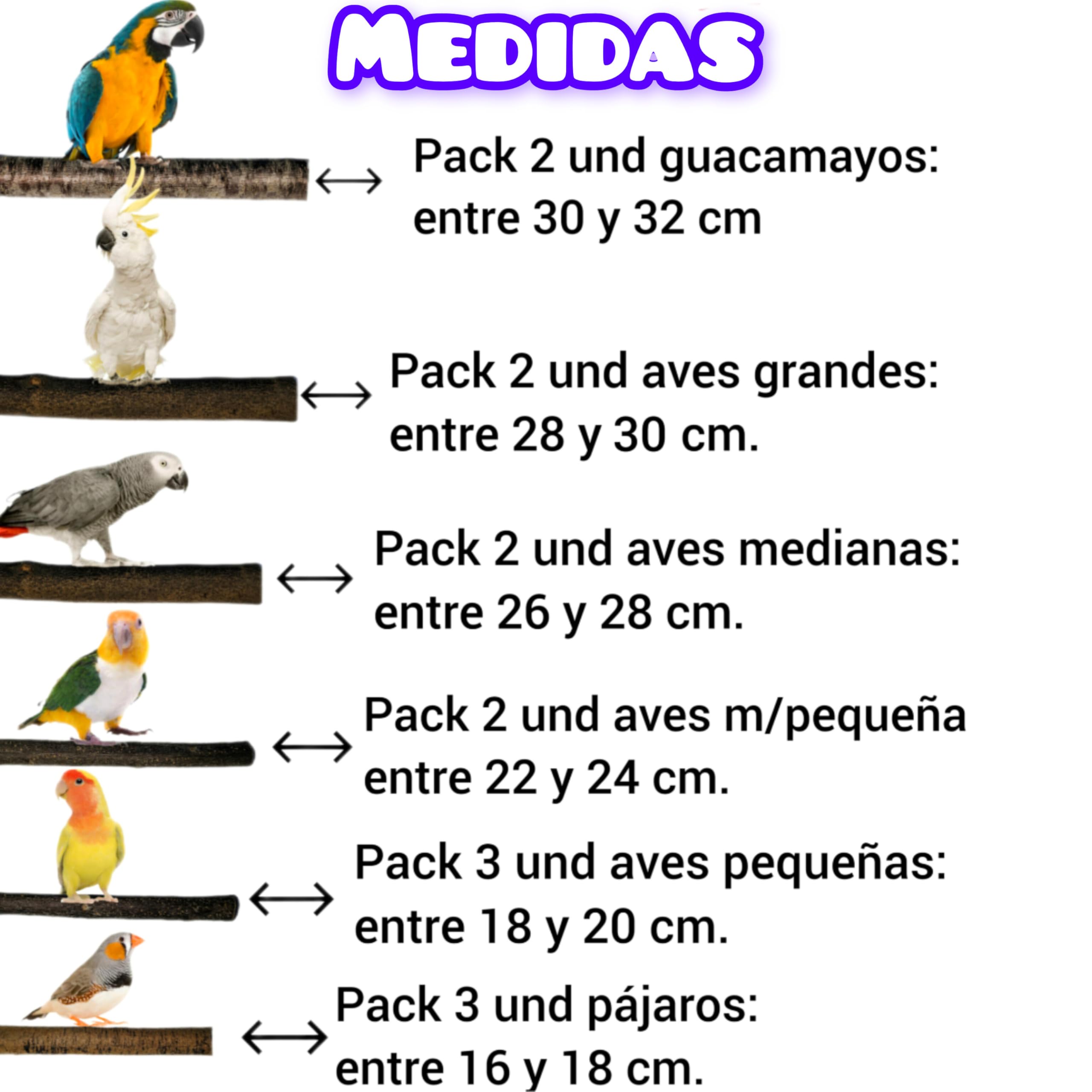 Perchas para loros, pack 2 y 3 und para jaulas de pájaros, posadero ideal para el descanso de aves, comedero o zona de juegos, lima uñas y pico natural, CALIDAD PREMIUM. (2 und aves medianas)