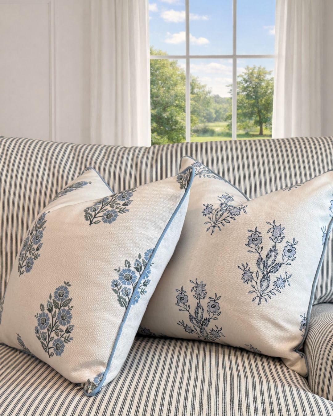 “The Mary” Blue and White Decorative Throw Pillow Cover – Floral Block Print Pillow Cover – Grandmillennial Home Decor, 19" x 19" - Image 2