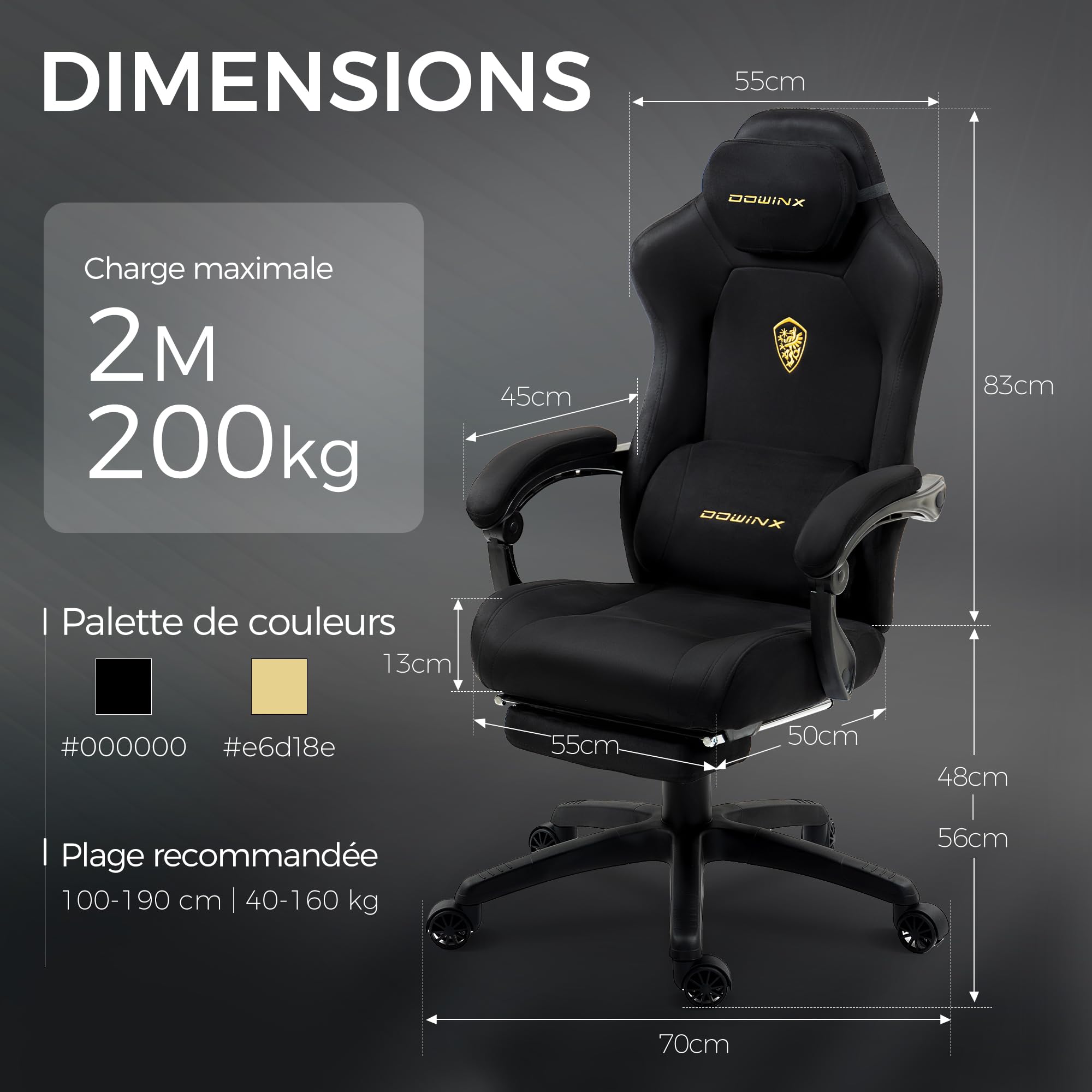 Dowinx Chaise Gaming Ergonomique avec Coussin Lombaire Réglable, Fauteuil Gamer en Velours, Assise Épaissie, Repose-Pieds Rétractable, Accoudoirs Réglables, Dossier Inclinable 160°, Noir
