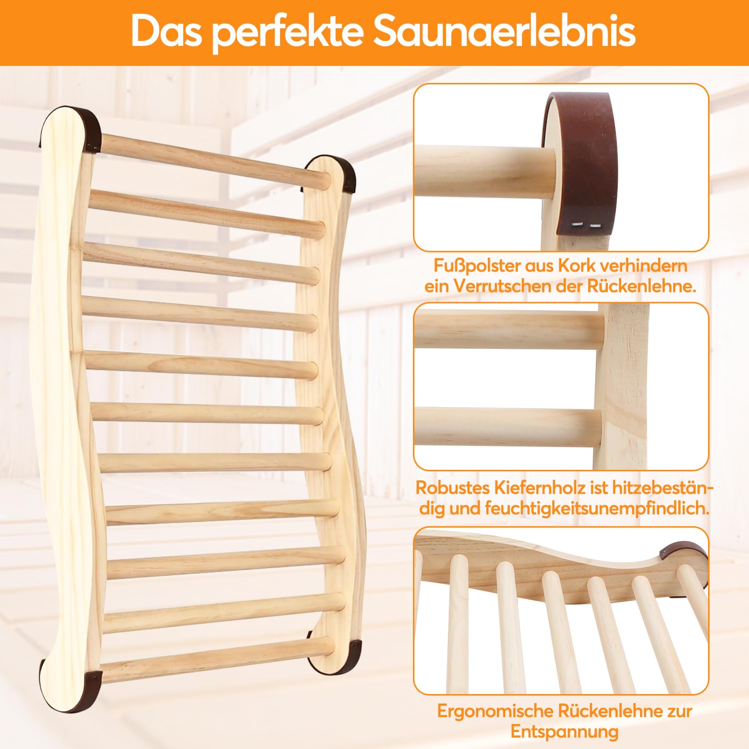 2 Stück Sauna Rückenlehne aus 100% Naturholz, Ergonomische Rückenstütze Rückenlehne mit Rutschfeste Polster, Holz Sauna Zubehör Infrarotkabine