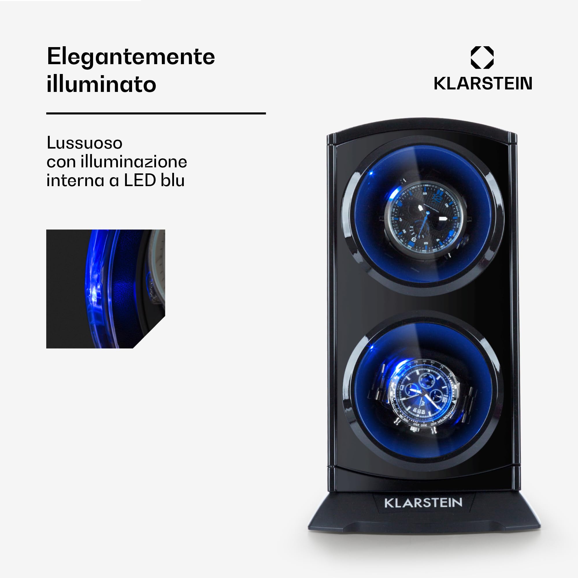 KLARSTEIN St. Gallen Premium - Scatola del Tempo, Watch Winder, Carica Orologi Automatici, Capacità: 2 Orologi, 4 Velocità, Funzionamento Senso Orario, LED, Nero