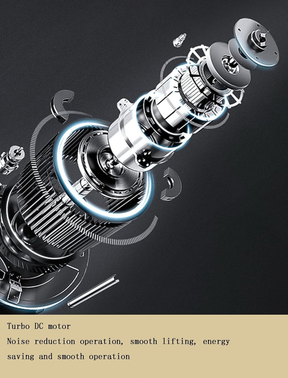 Exploded view of the turbine DC motor, illustrating its internal components for noise reduction and smooth lifting.