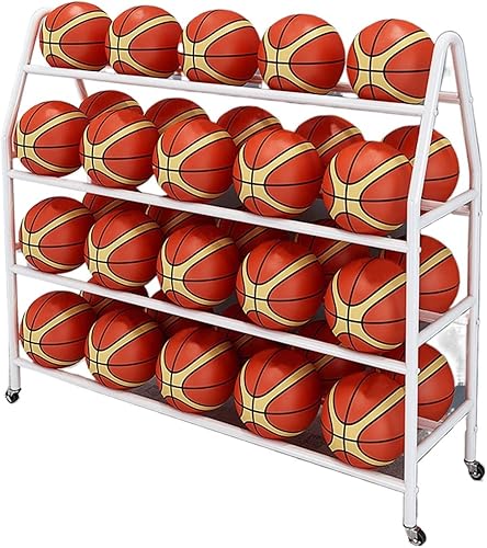 Almacenamiento de pelotas de garaje, color negro, blanco y dorado, organizador de cuatro capas, carrito de bolas de acero para interiores y