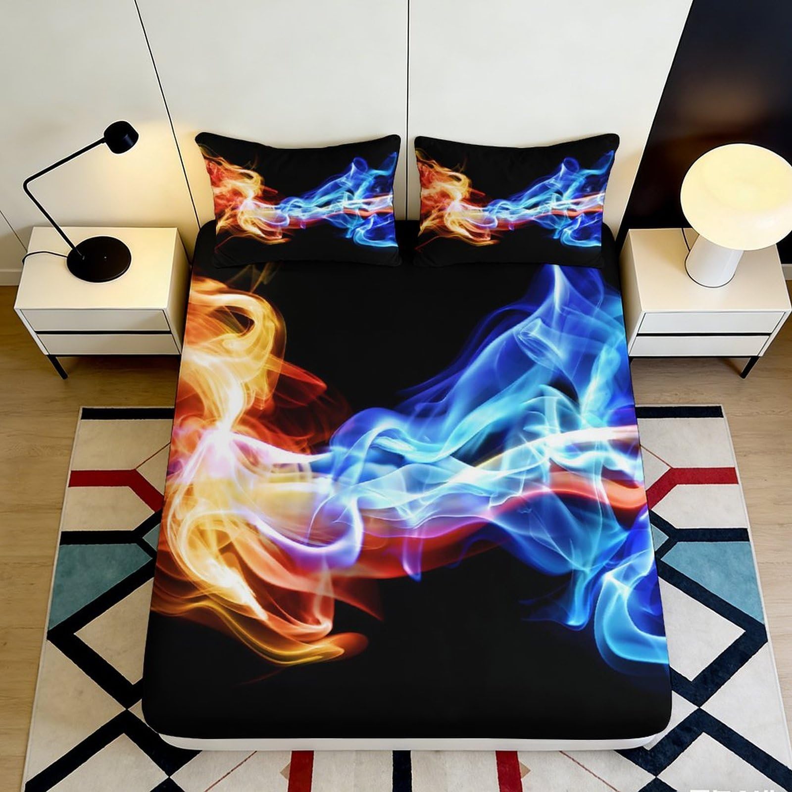 Decorative Flame Blue Pattern Fitted Sheet, 3D Printed Microfiber, soft touch, Bed Cover for Bedroom, guest room bedding, easy care, 108 chars 90x200x25cm