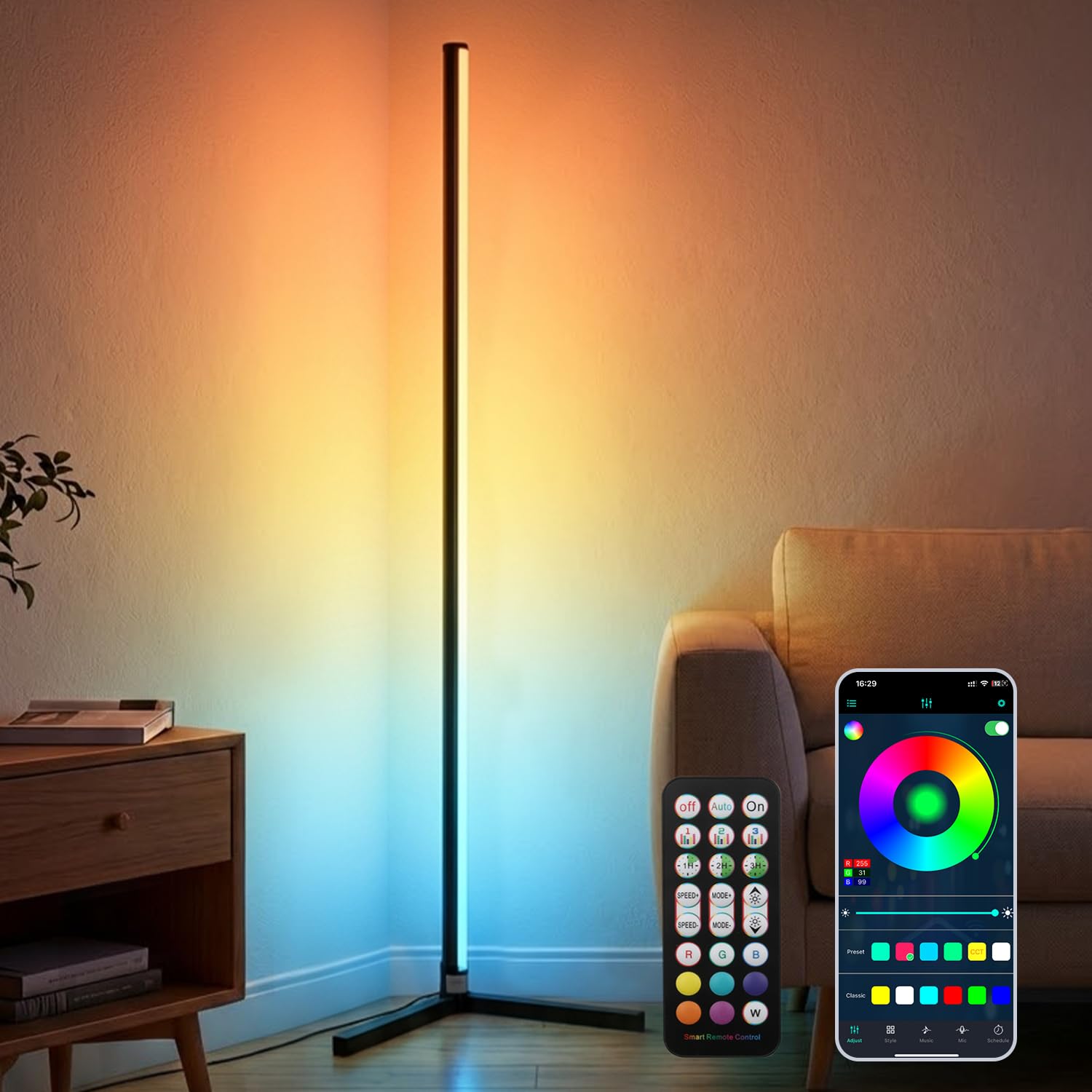 Wutghui Black Rgb Floor Lamp Led Corner Floor Lamp Smart Floor Lamp With Music Sync Lighting, App & Remote Control, 16 Million Colors Living Room & Gaming Room