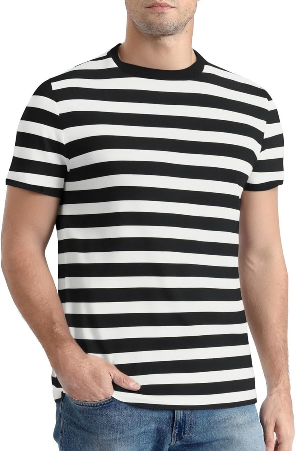 Funny World Men's Casual Cotton Striped T-Shirts Short Sleeve Crewneck Basic Tee