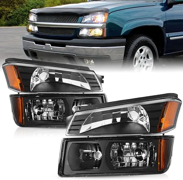 TUSDAR 4PCS Fits For 2002-2006 Chevy Avalanche with Body Cladding Pickup Bumper Lights Halogen Headlights Replacement Factory Headlamp Front Lamps LH+RH Black Housing