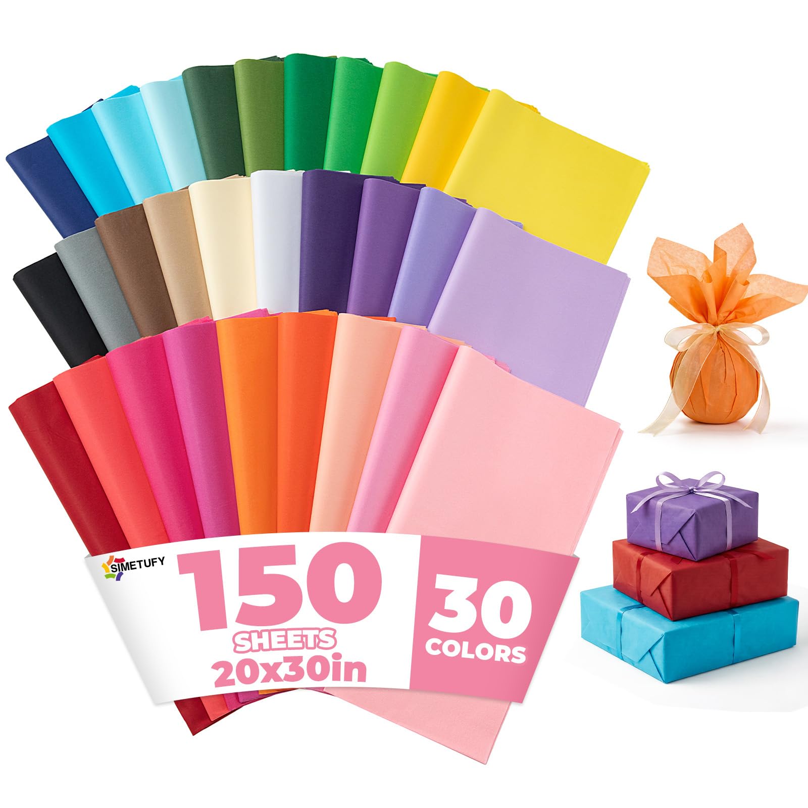 Simetufy 150 Sheets Tissue Paper, 20 x 30 Inch 30 Rainbow Colors