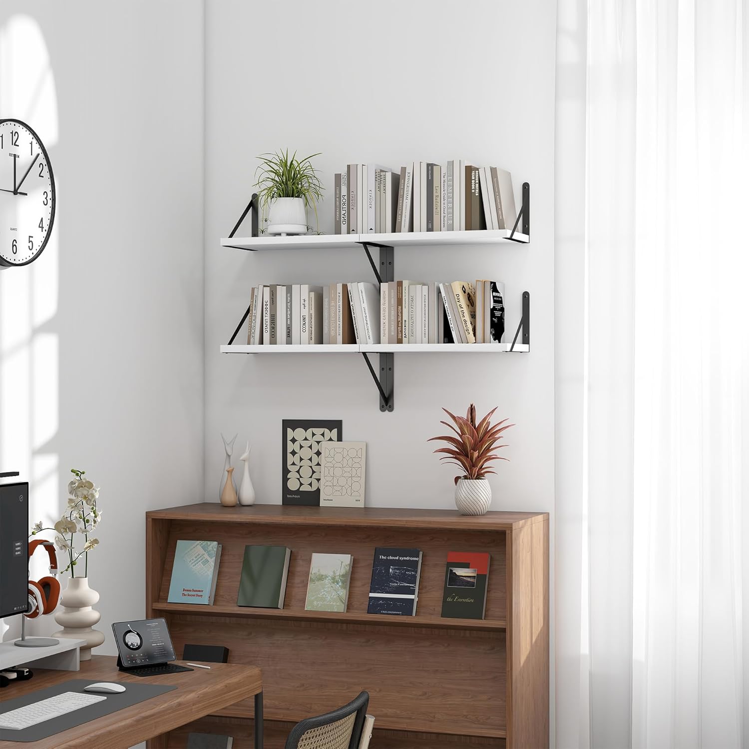 Heimlove Floating Shelves for Wall Set of 3,Light Wood Wall Mounted Bookshelf Decorative Shelf for Living Room Bathroom Kitchen Laundry Pictures Plants Books Cats TV,White