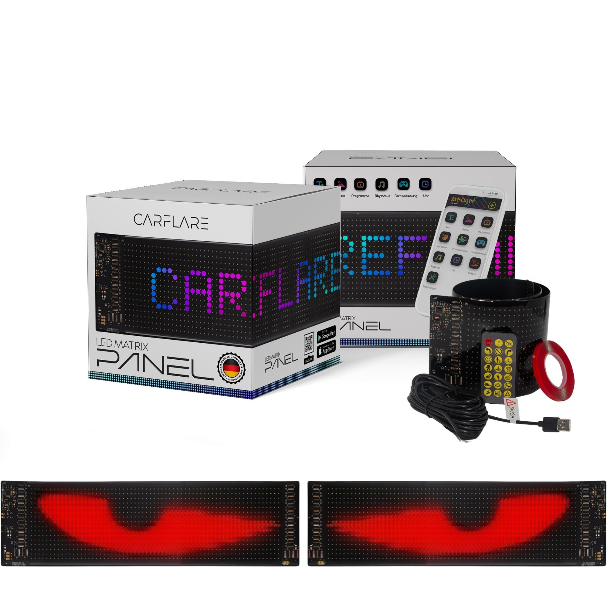 2er Set CarFlare Teufels Augen Devil Eyes LED Laufschrift für LKW & Auto (120×595mm) – Programmierbares Leuchtschild mit App-Steuerung, Bluetooth, USB 5V – RGB LED-Anzeige für Text, Emoji