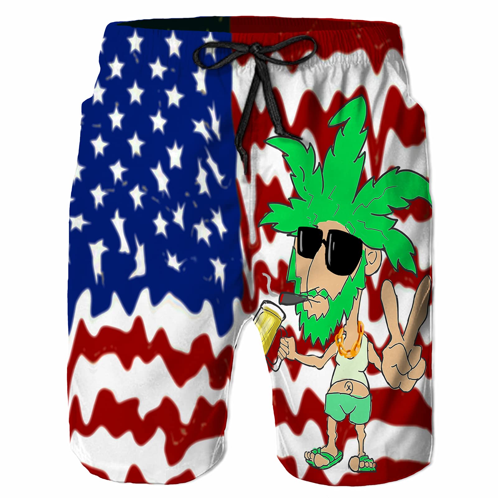 UOER Mens Swim Trunks Weed Smoking Man American Flag Quick Dry Beach Shorts with Mesh Lining Pockets Swimwear