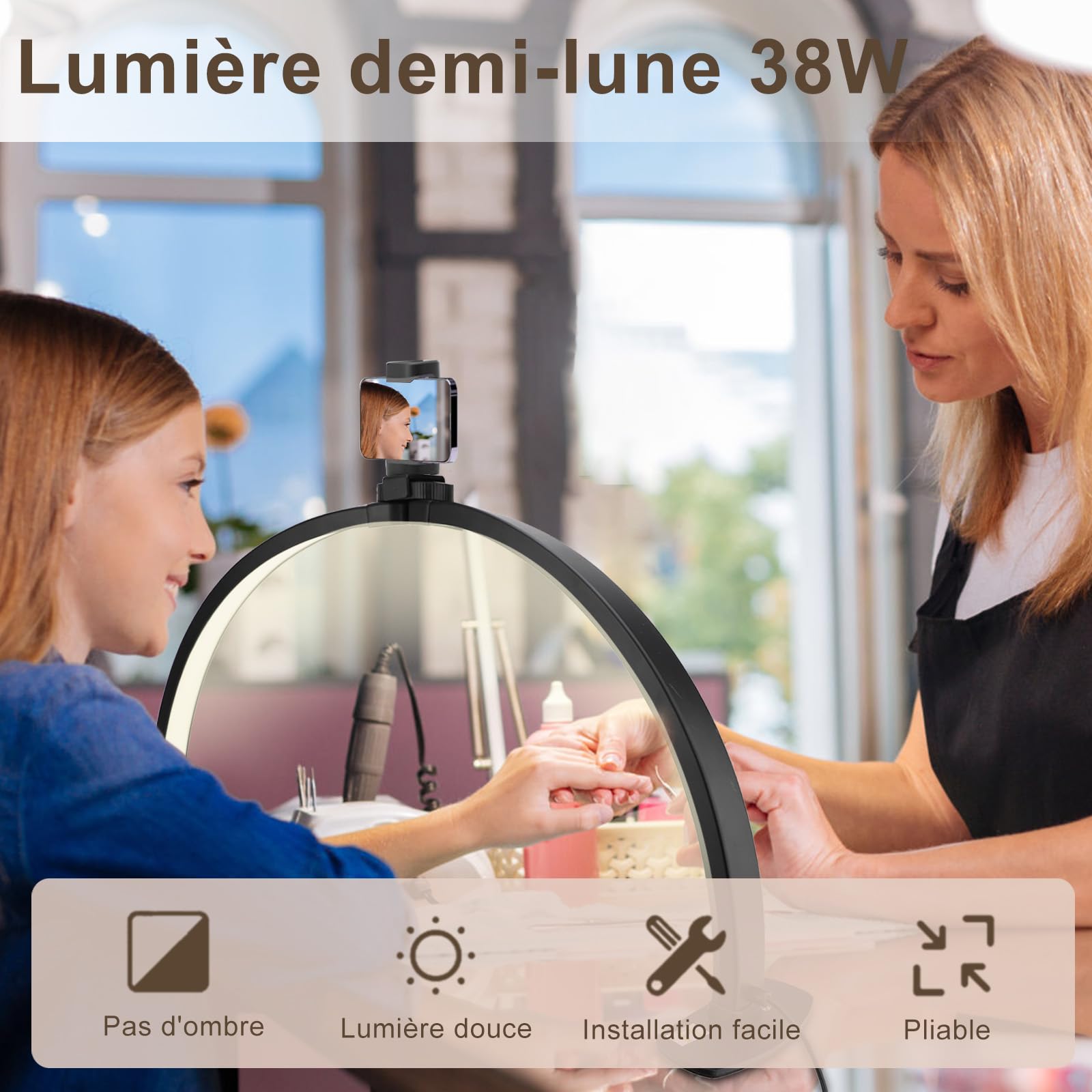 Lampada professionale a mezzaluna per ciglia VINGVO, Estensione ciglia pieghevole, LED 38W a intensità variabile, Luminosità regolabile in 3 colori 3000-6000K