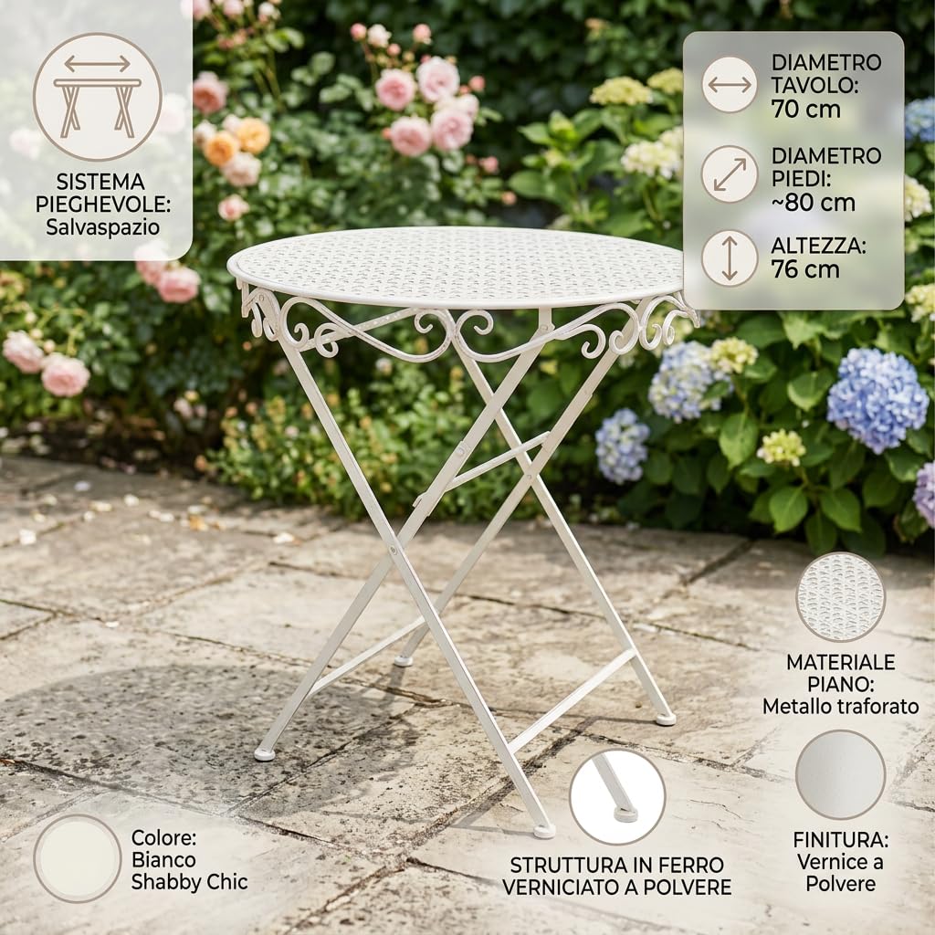 DiKasa Tavolo da Giardino Rotondo Pieghevole in ferro bianco - Tavolino da esterno in metallo verniciato a polvere stile shabby chic, salvaspazio per balcone, terrazzo, veranda o giardino, Ø70x76 cm