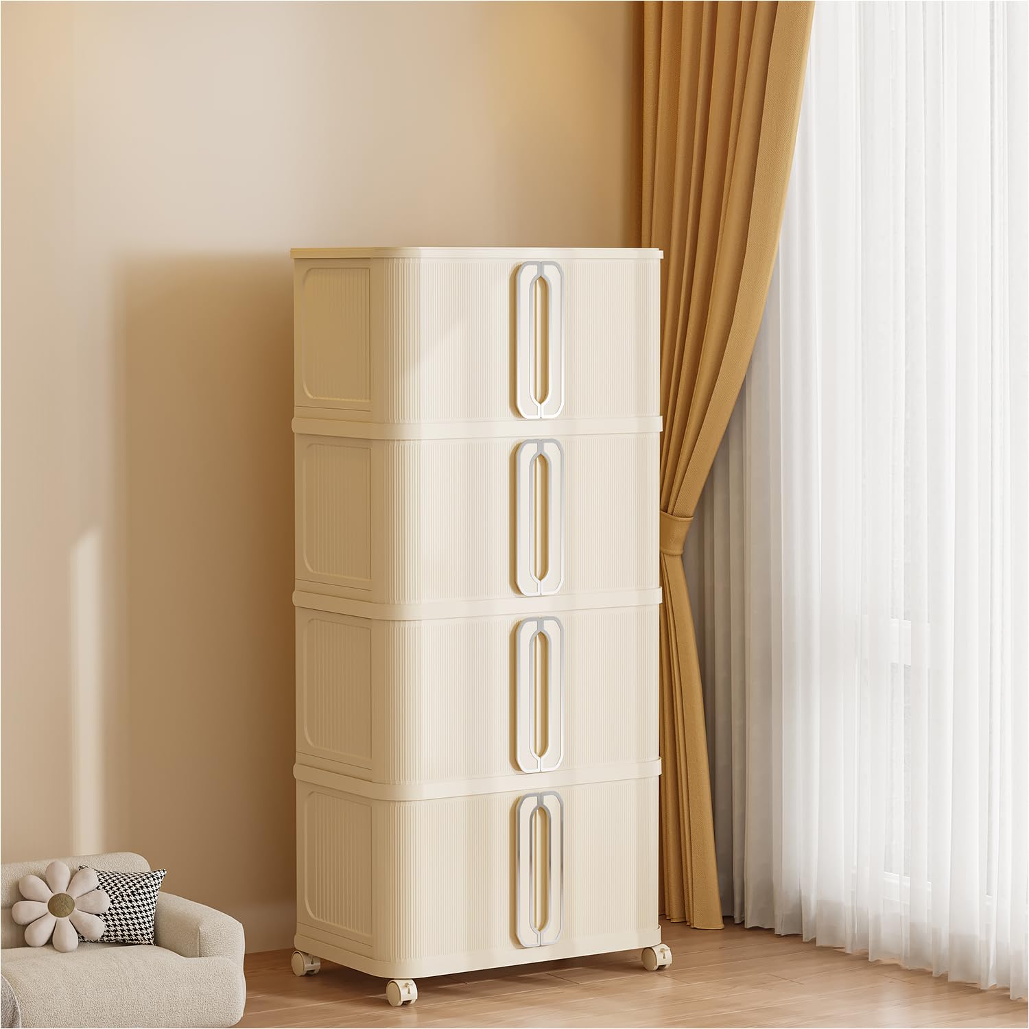  plastic storage bins with lid, stackable storage bins with wheels & sliding door, collapsible storage box for closet organizers and storage box for home and office, cream white