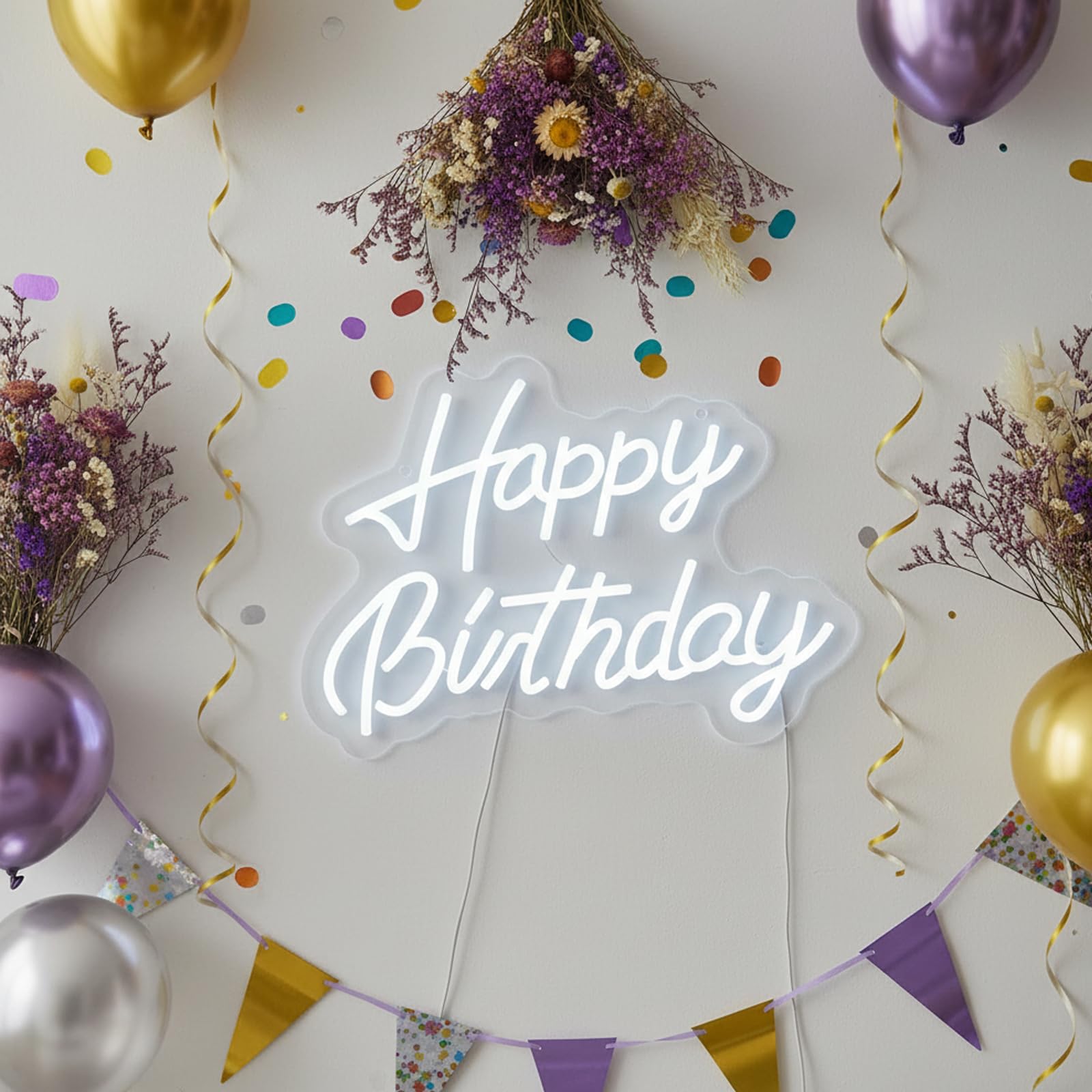GENDLTHIJ Neon "Happy Birthday" do dekoracji ścian, ciepła biel LED, artystyczna dekoracja, neonowy znak świetlny na każdą imprezę urodzinową (biały)