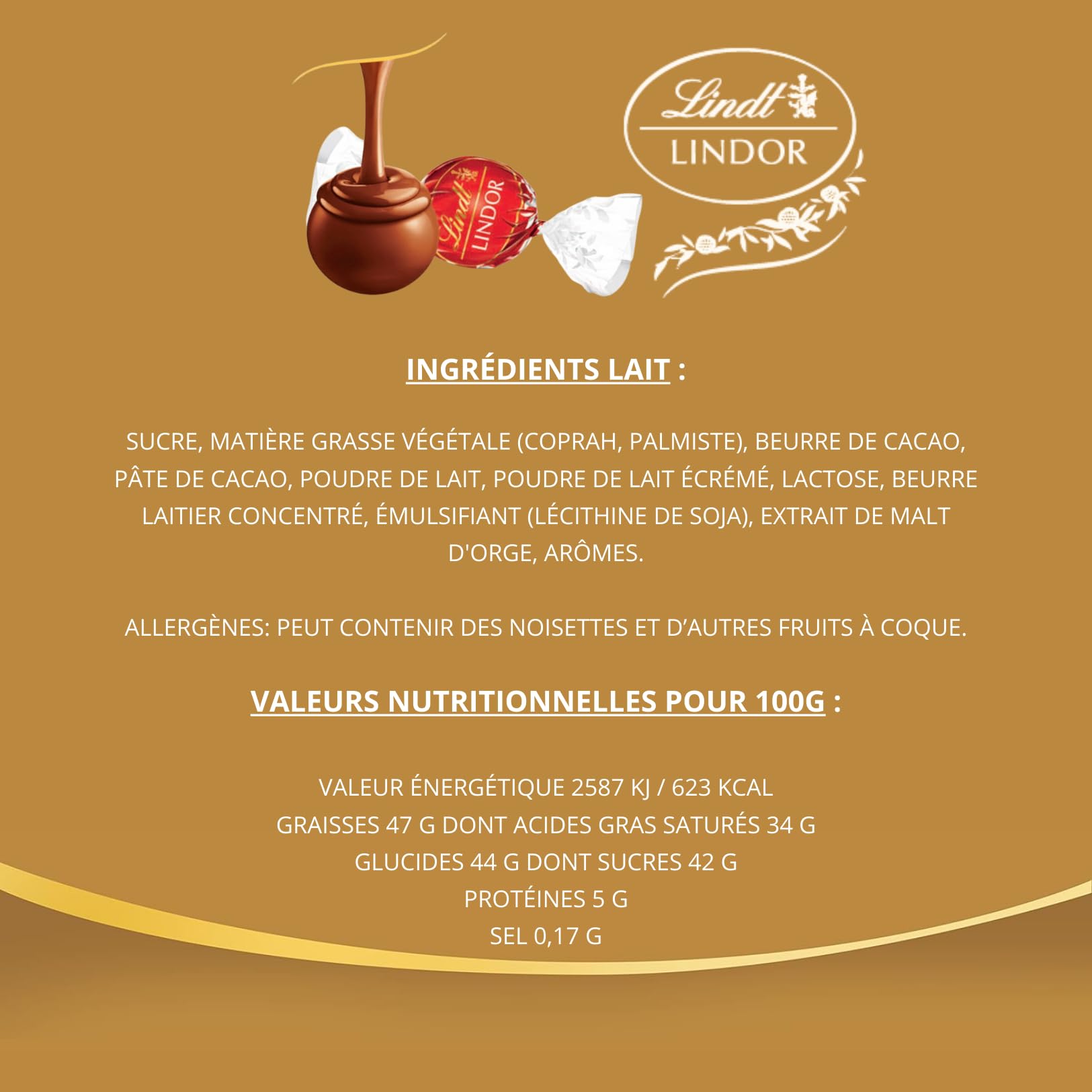 LINDT - 100 bouchées LINDOR Lait Fondant, Noisette et Caramel - 1,25 kg