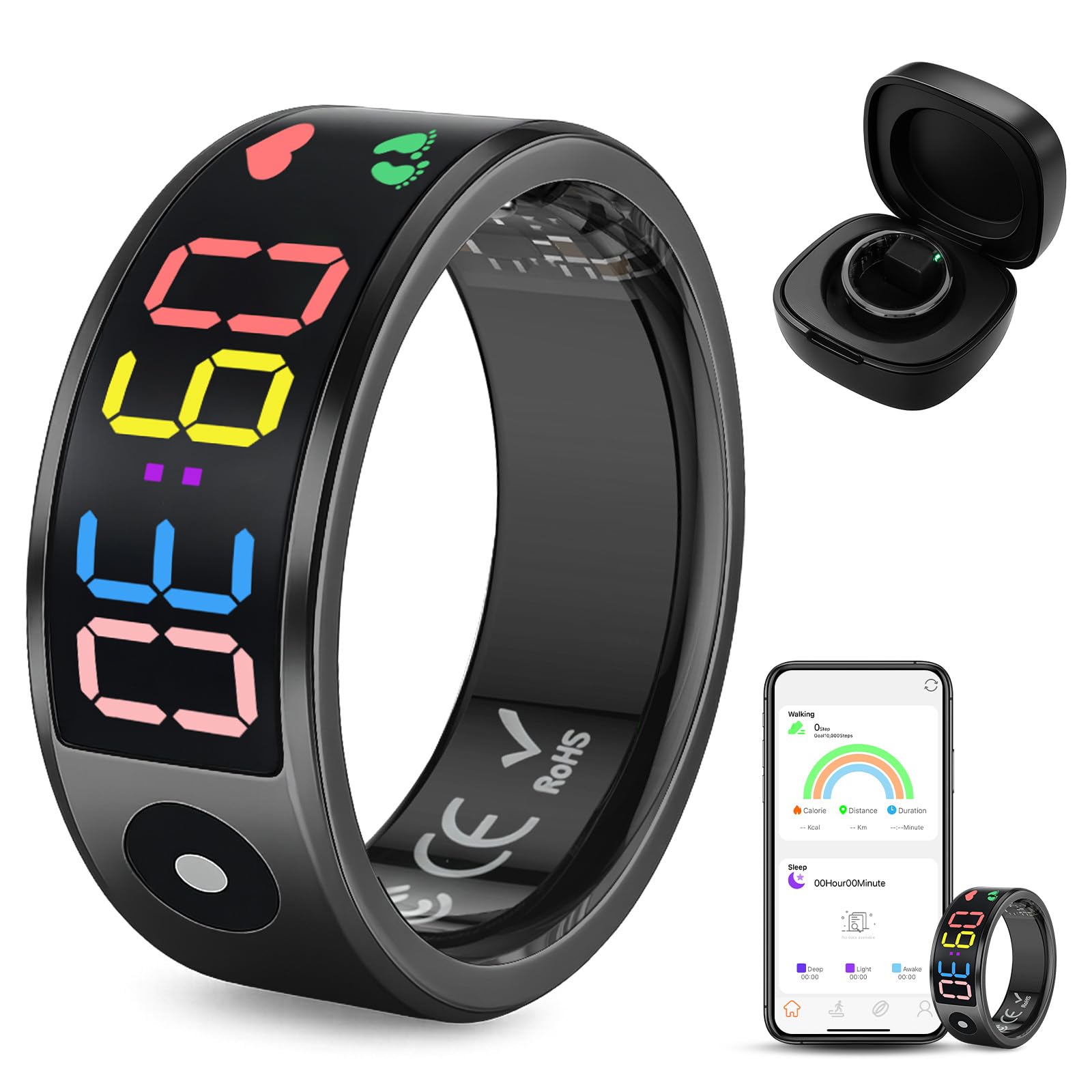 Roadtime Anillo inteligente con indicador LED táctil, anillo inteligente, oxígeno en sangre, anillo de presión arterial, podómetro, monitor de sueño, monitor de actividad (negro 8# 17,7 mm)
