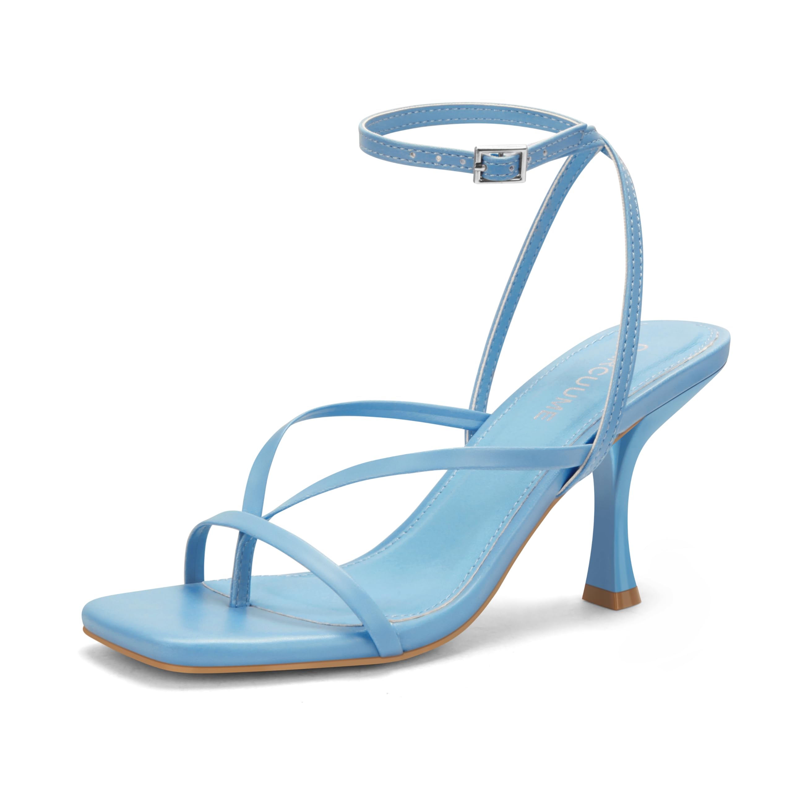 Carcuume Womens Kitten Heels Square Toe Thong Strappy Ankle Strap Stiletto Heel Sandals