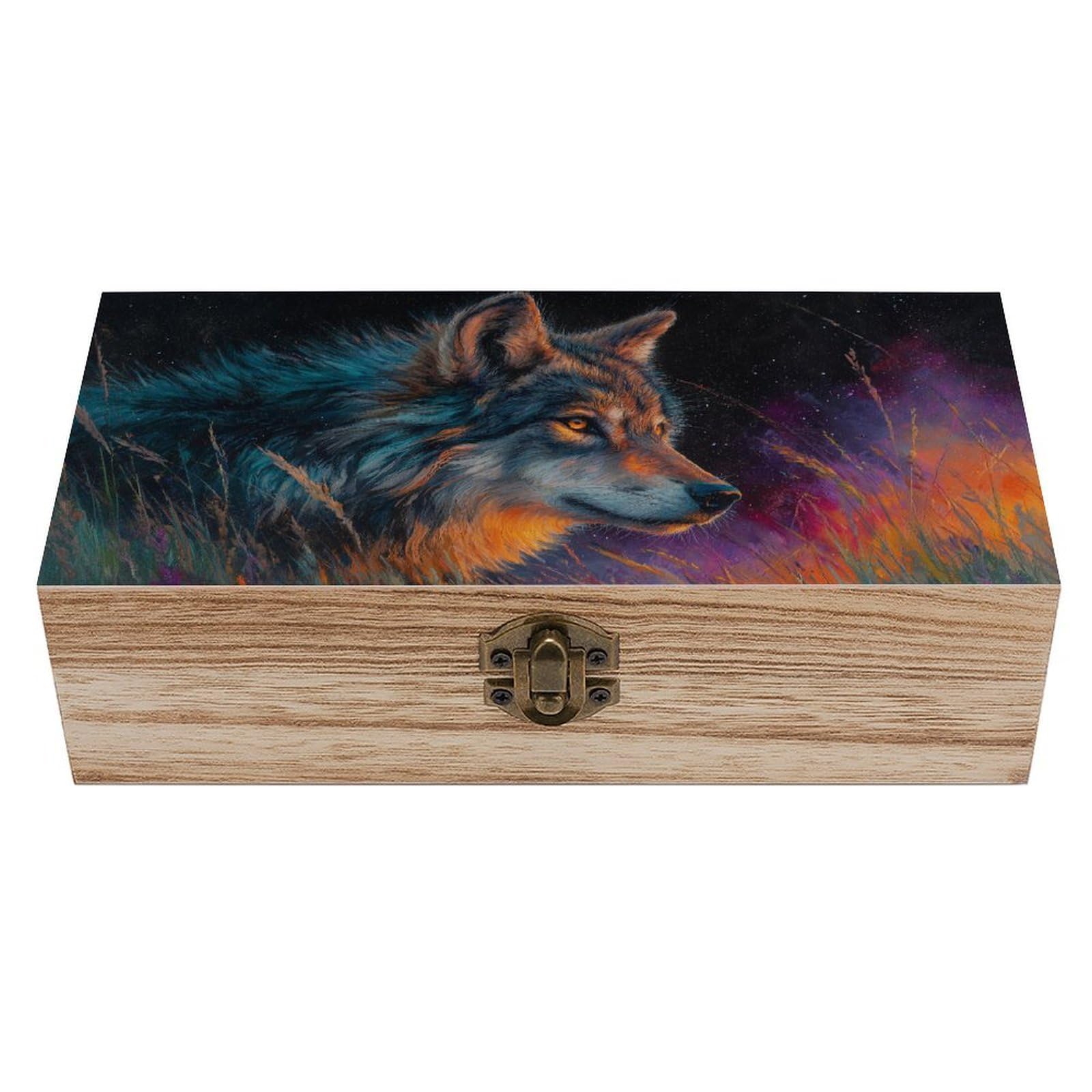 Jubonexis Majestic Wolf Wooden Storage Box with Hinged Lid And Front Clasp Large Keepsake Box