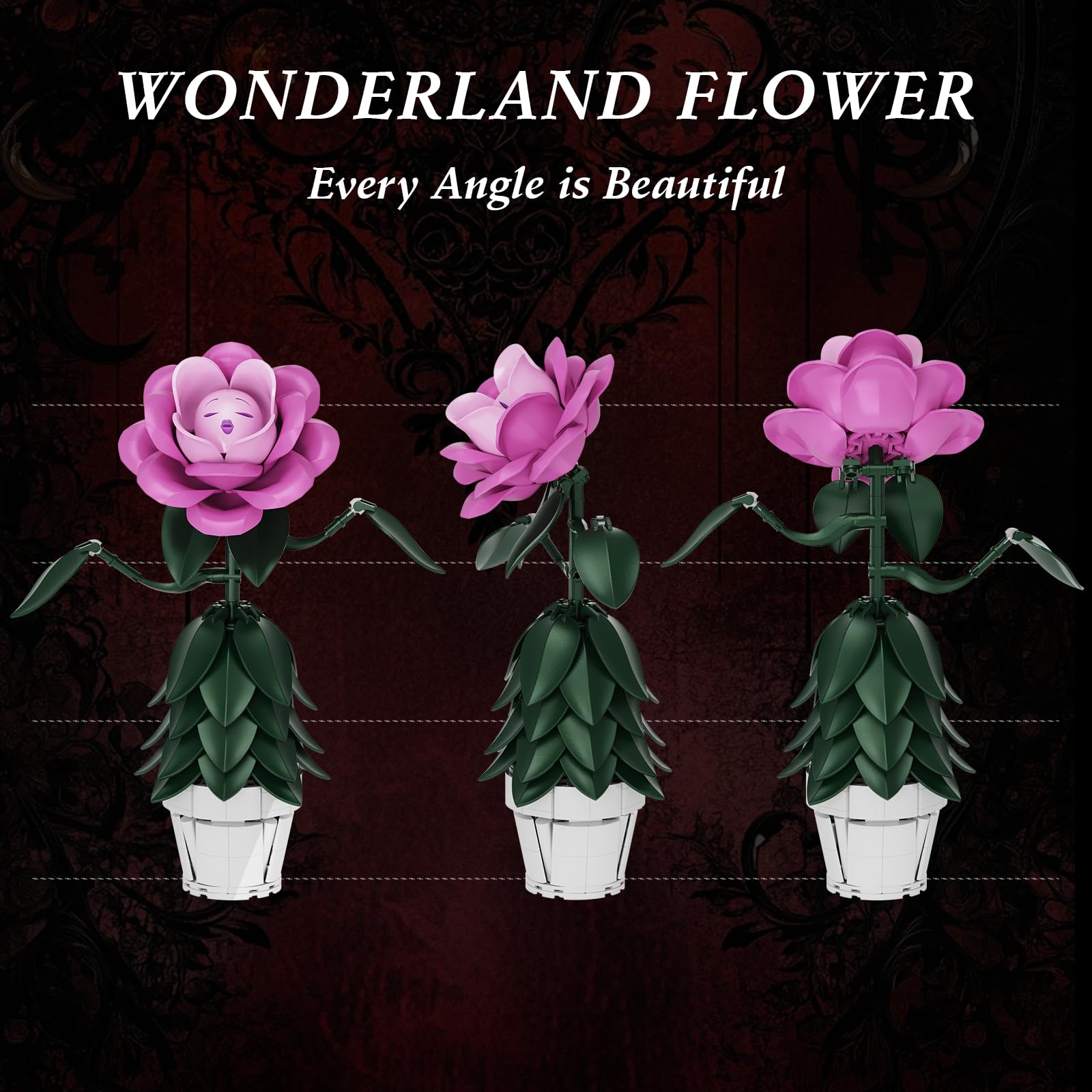 Wonderland Flower Building Sets, Compatible with Lego Flowers for Adults, Girls, Women and Fans - Pink Rose Flower Gifts for Birthday, Party and Festivals (220 PCS)