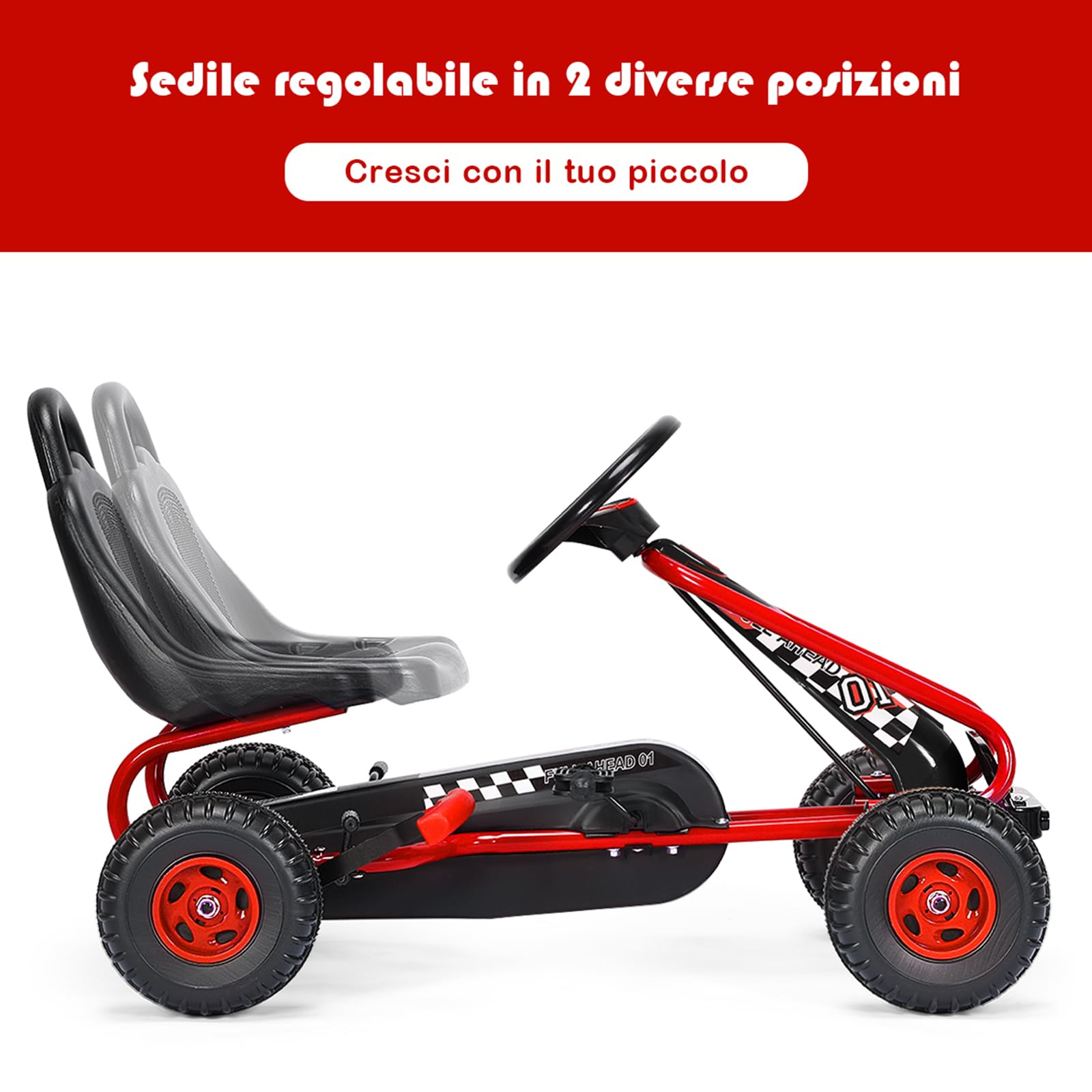 COSTWAY Go Kart a Pedali per Bambini, Veicolo con Sedile Regolabile e Freno a Mano, Portata 30 kg Rosso