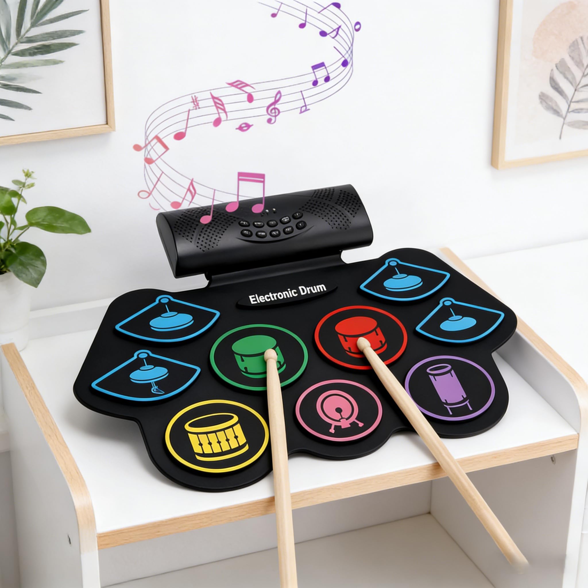 Topteng 9-Pad Schlagzeug Elektronisch, Handroll E-Drum Set mit Stereo-Lautsprechern & Fußpedalen, Tragbares Silikon Drum Pad Kit mit Kopfhöreranschluss, Musikinstrument Geschenk für Kinder & Anfänger