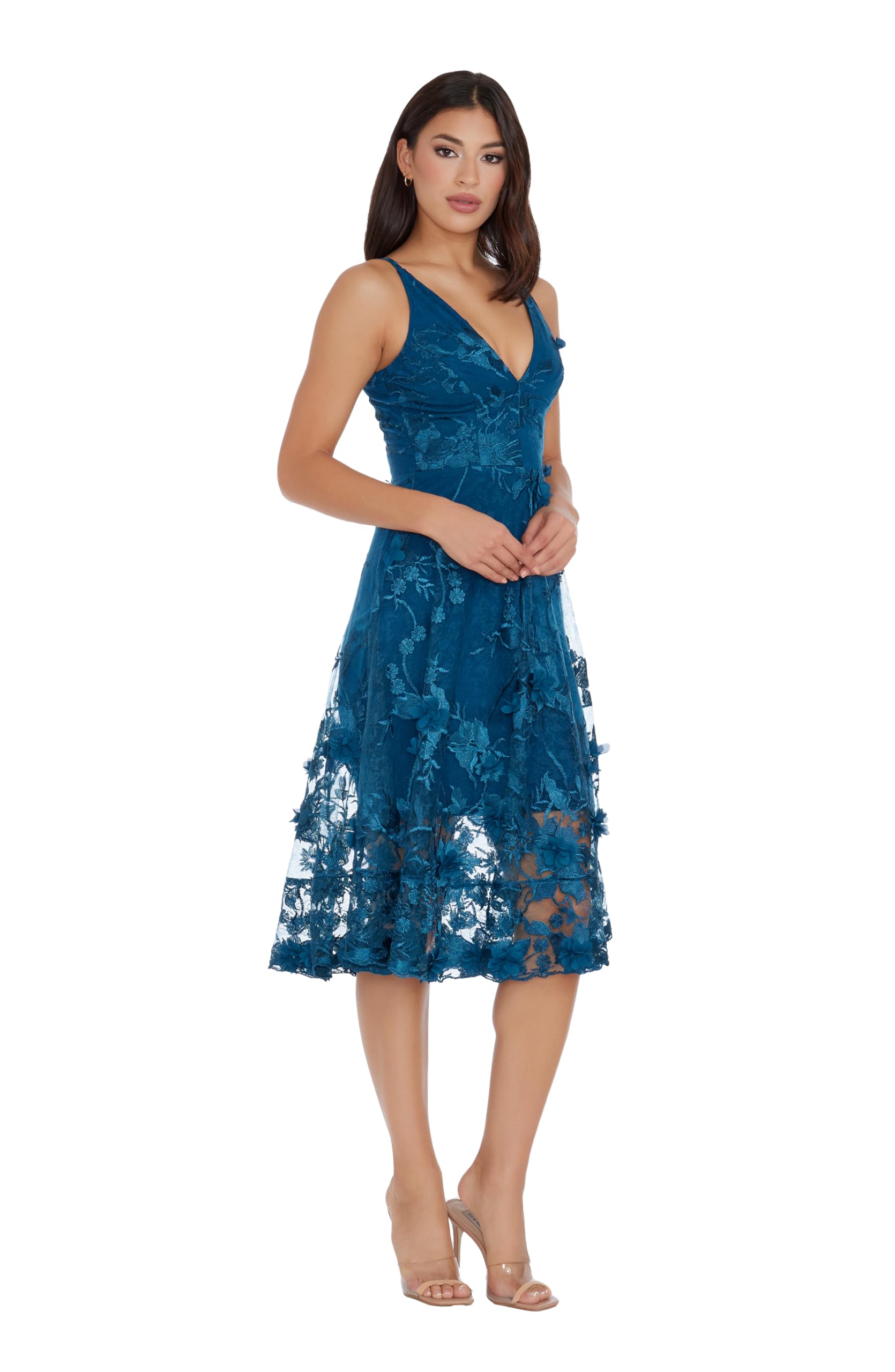 Dress The Population Womens Audrey Spaghetti Strap Midi A-line 3D Floral Dress: Medium Peacock Blue