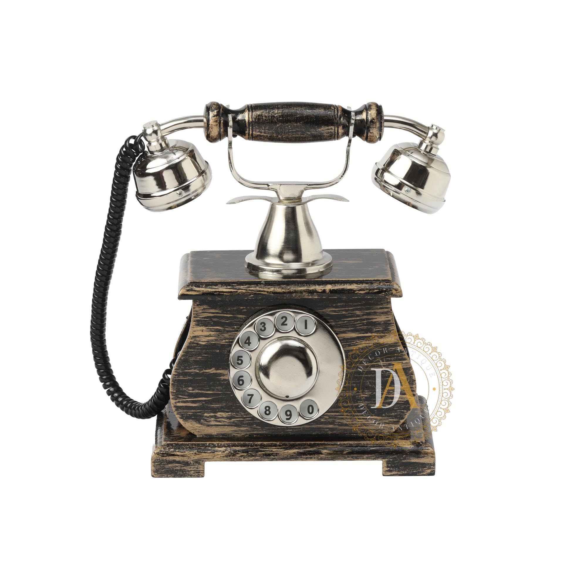 Vintage Collection Antique Dark Silver Touch Wooden Brass Decorative Rotary Dial Telephone Showpiece for Home & Office Decor | Non Functional Collectible Gift-image-15