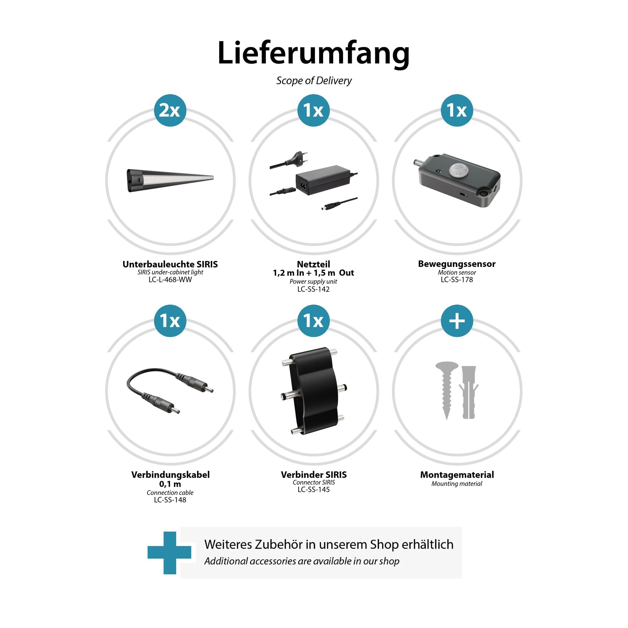 ledscom.de 2er Set LED Unterbauleuchte SIRIS schwarz matt mit Bewegungsmelder, flach, 114cm, je 1261lm, warmweiß