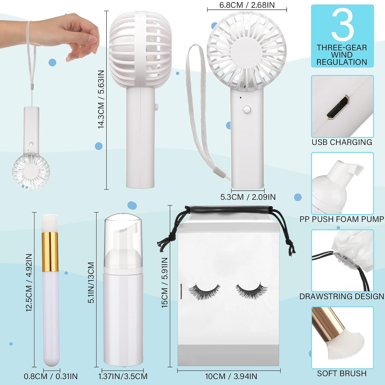 Woanger 24 Pcs Lash Shampoo Kits Rechargeable Handheld USB Portable Fans Eyelash Shampoo Brush Empty Bottle Wedding Gift Employee Appreciation Gift (400mah,White)