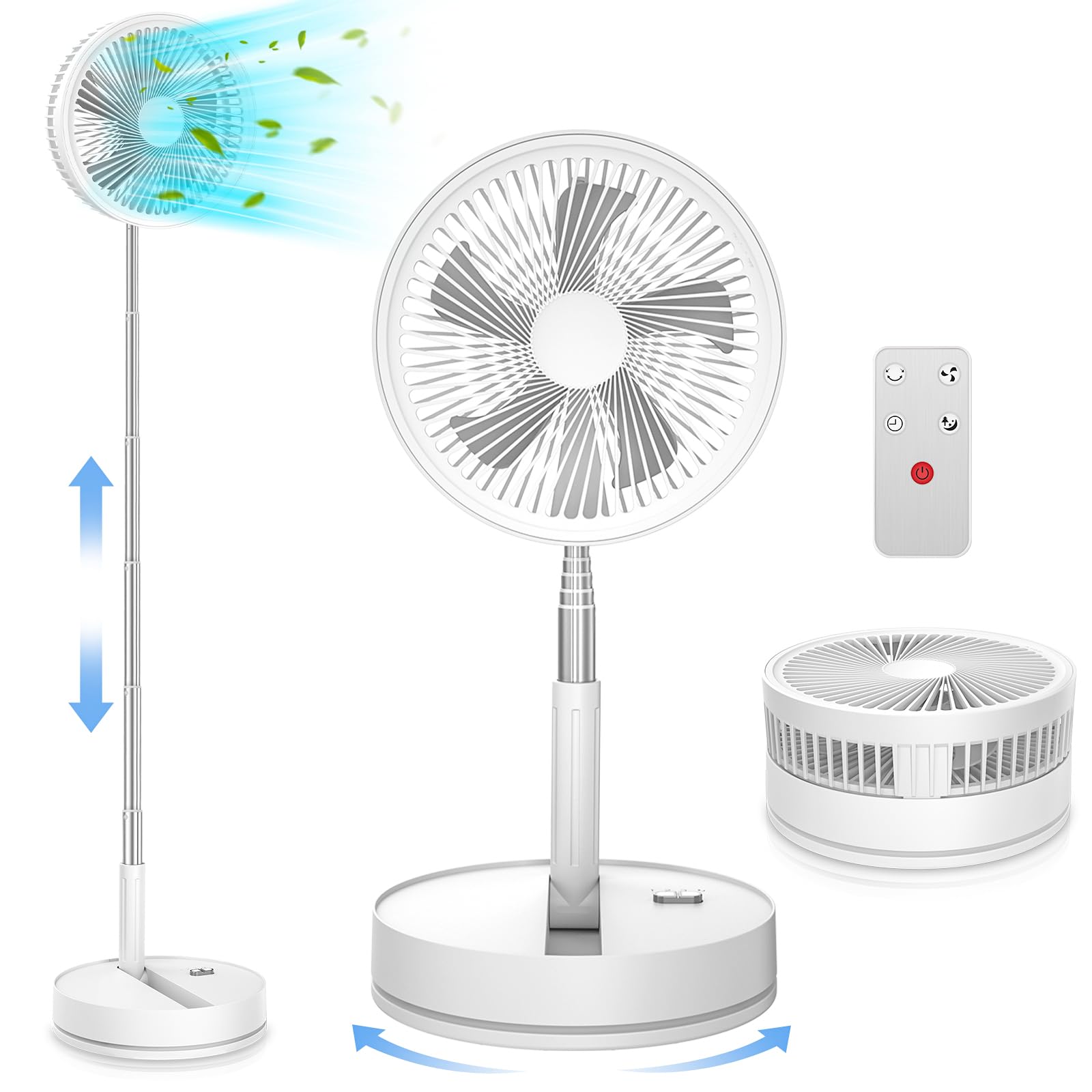 8 Zoll Faltbarer Ventilator mit Fernbedienung, 8000mAh Akku USB Standventilator, 22dB Leise Tischventilator Weiß