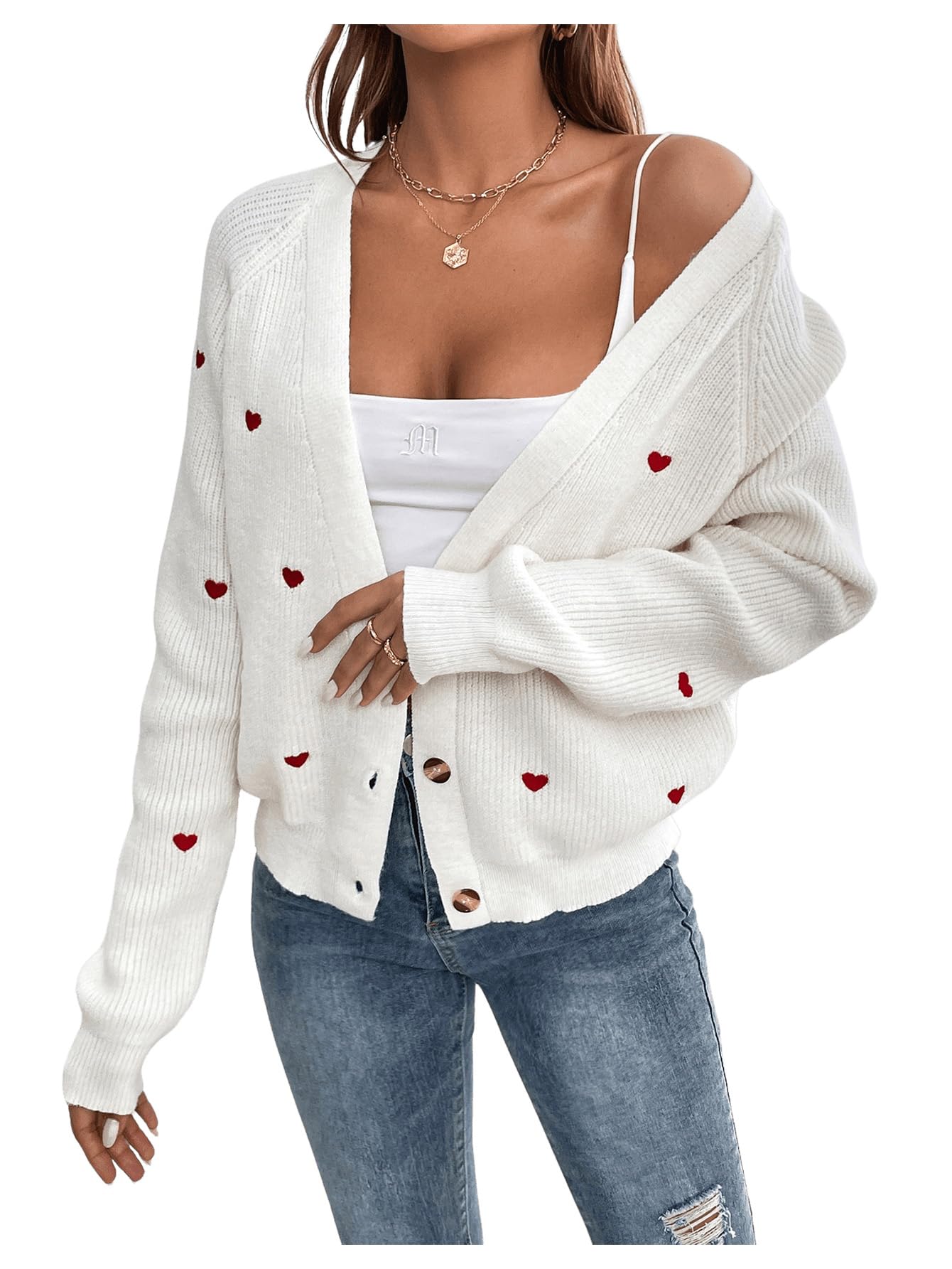 GORGLITTER Cárdigan de punto para mujer, abrigo de punto informal, suéter para exteriores, chaqueta fina, suéter con bordado de corazón