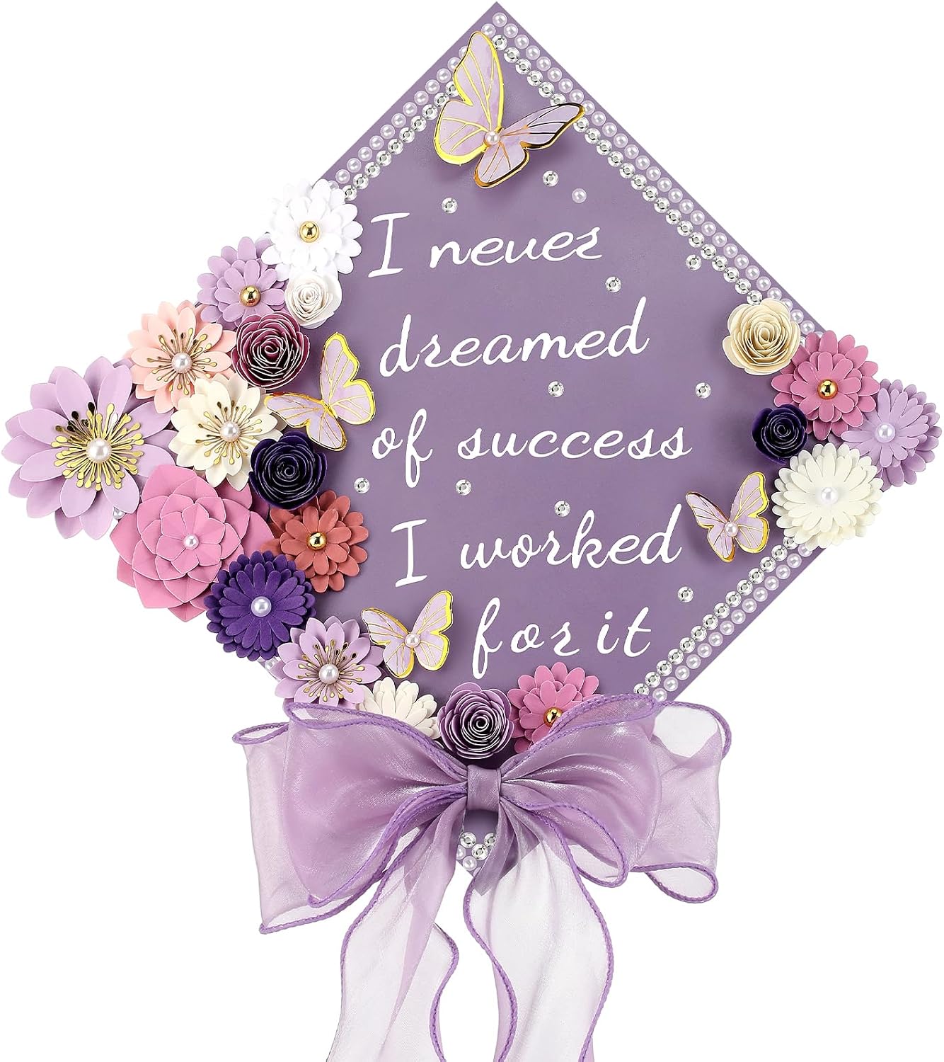 MotiMind 46 Pcs DIY Graduation Cap Decorations Kit Included Paper Flowers, 3D Butterfly Stickers, Rhinestone, Letter, Pearl Stickers, Mesh Ribbon Bow for DIY Grad Cap Decor(Purple)