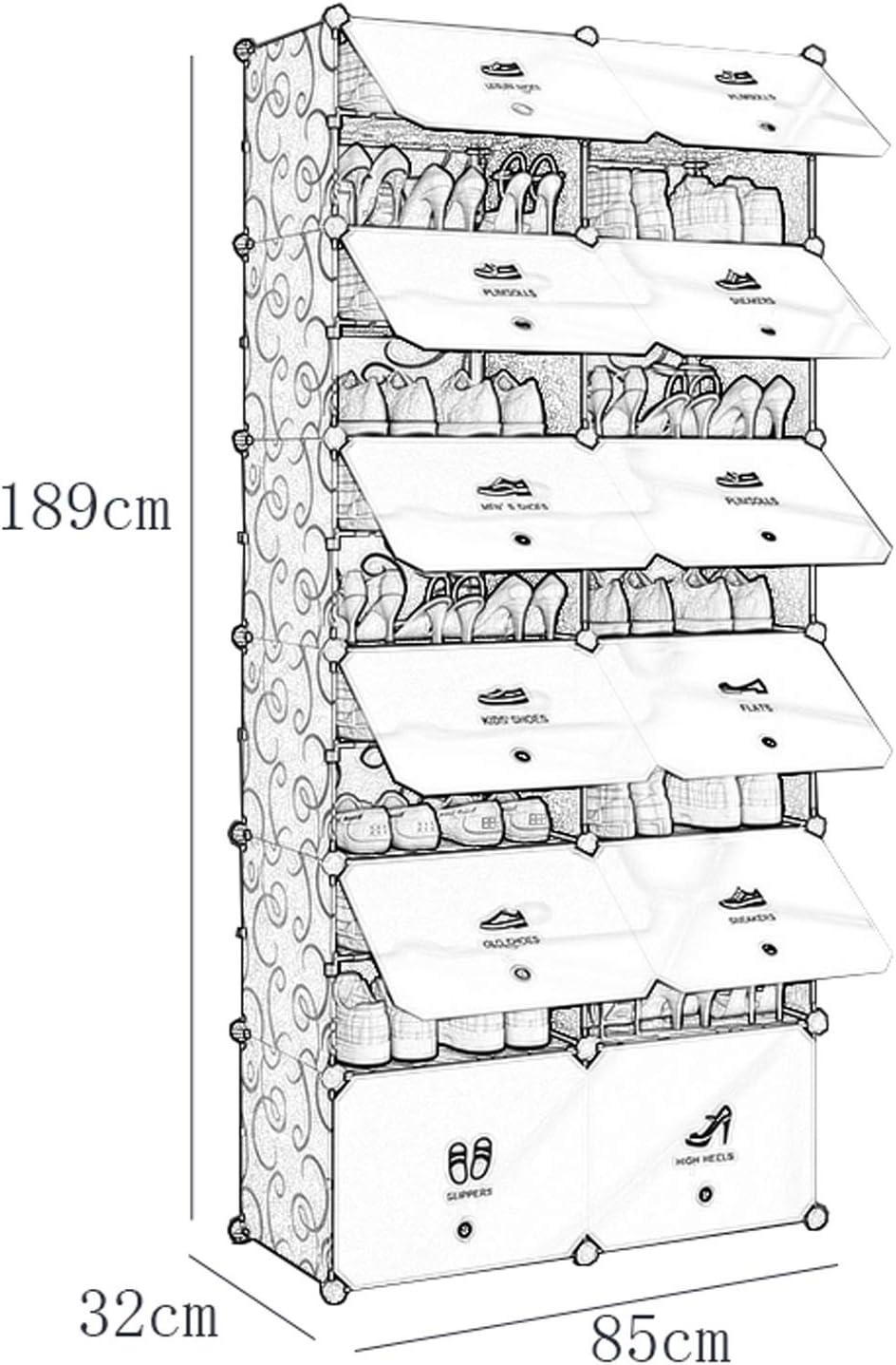 2 Columns 12 Tier Shoe Rack Plastic Withdoor Storage 48 Pairs of Shoes Assembly Dormitory Living Room Black 85X32X189CM