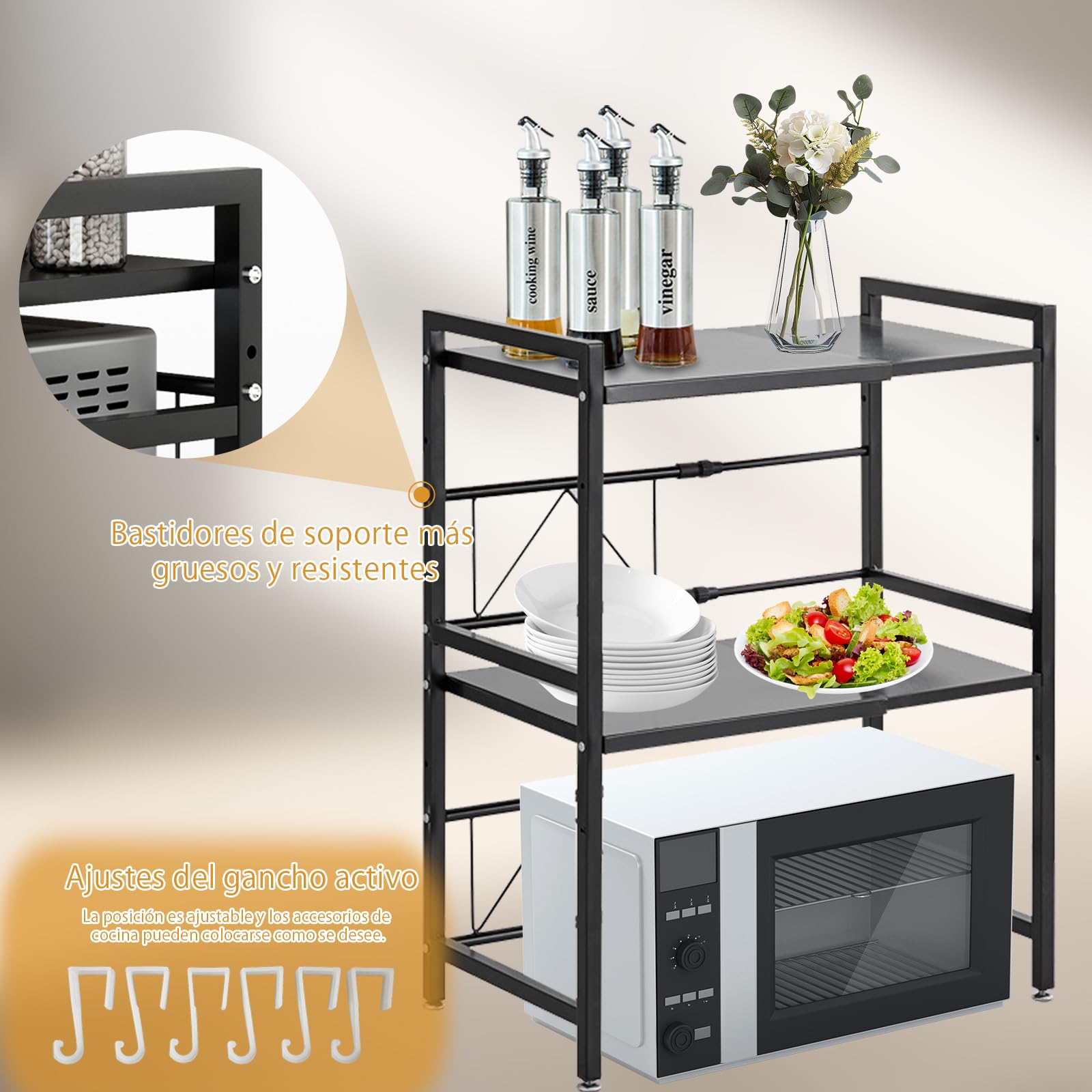 Estante para microondas de 2 Capas, Estante para tostadora, Estante de Cocina, Ancho telescópico de 40 a 63 cm (óptimo Dentro de 60 cm) con Gancho móvil, Capacidad de Carga 75 kg (Negro)
