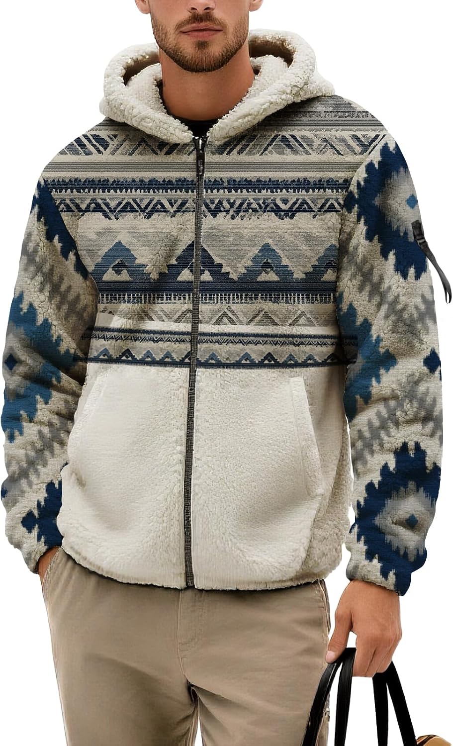 DMOYALA Men's Sherpa Jacket Western Aztec Fleece Coats Heavyweight Full Zip Up Hoodie Fleece Hooded Sweatshirt with Pocket