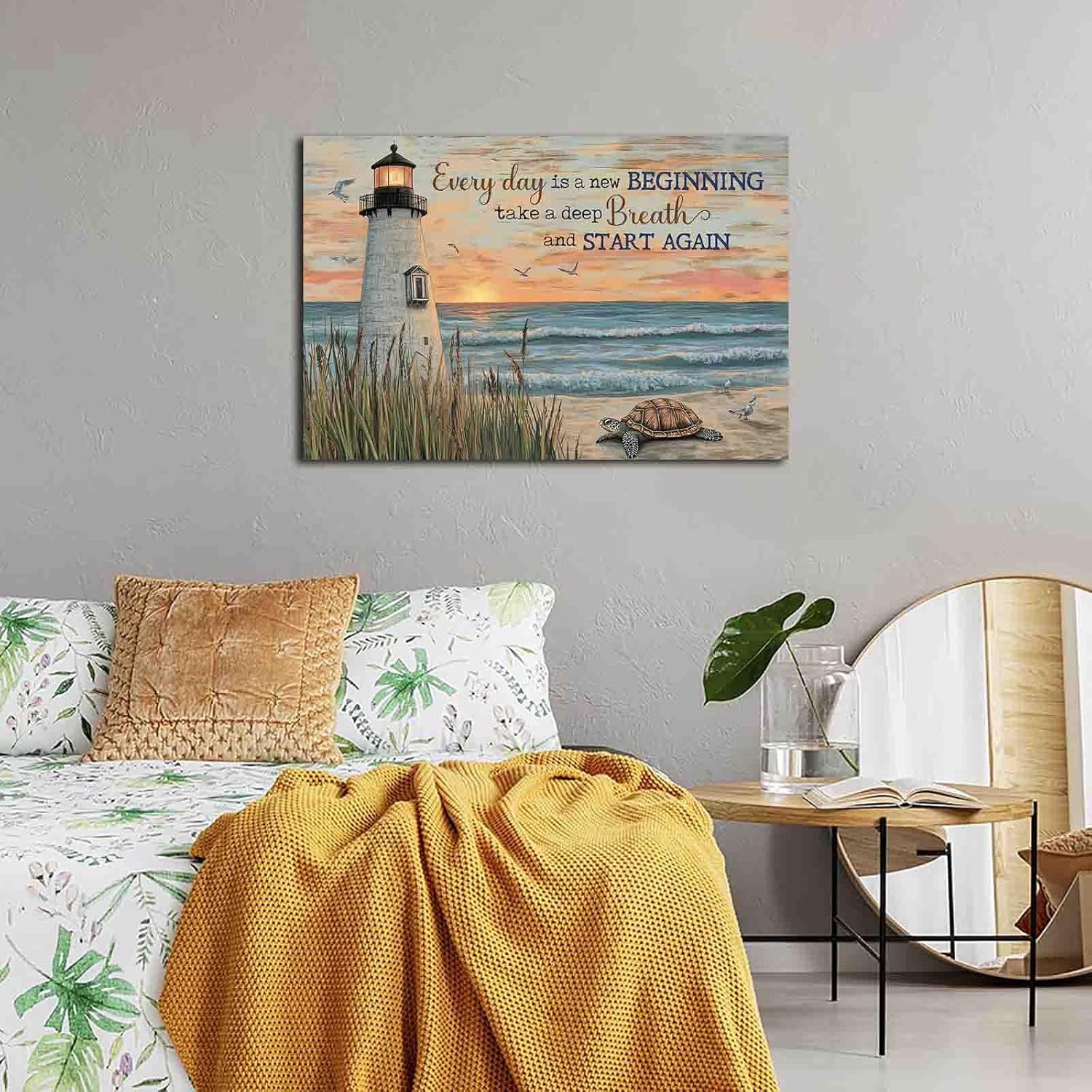 Sea Turtle Bathroom Canvas Wall Art Beach Blue Ocean Lighthouse Inspirational Quotes Pictures Wall Decor Painting Prints Artwork Home Decoration for Bedroom Kitchen Office Canvas Roll 24x36 inch
