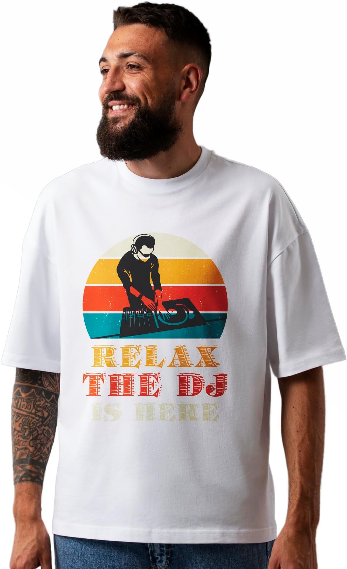 Seek Buy LoveUnisex Oversized T-Shirt, Vintage DJ Graphic, Retro Sunset Music Tee, Relax The DJ is Here, Cool DJ Shirt, Sunset Music Lover Gift Top