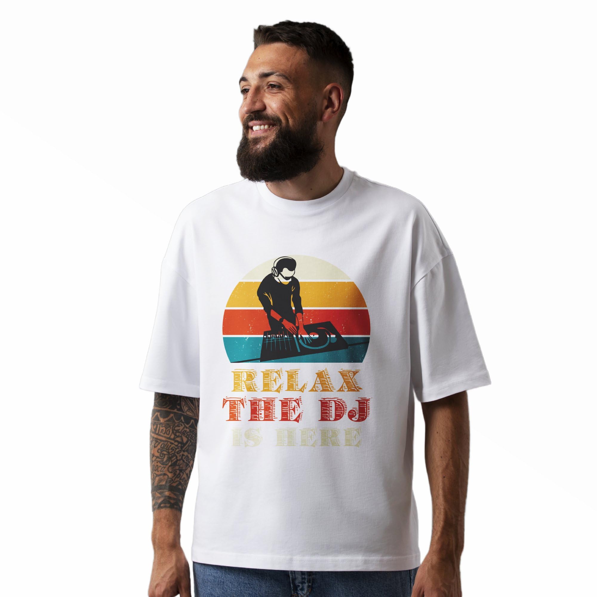 Seek Buy LoveUnisex Oversized T-Shirt, Vintage DJ Graphic, Retro Sunset Music Tee, Relax The DJ is Here, Cool DJ Shirt, Sunset Music Lover Gift Top