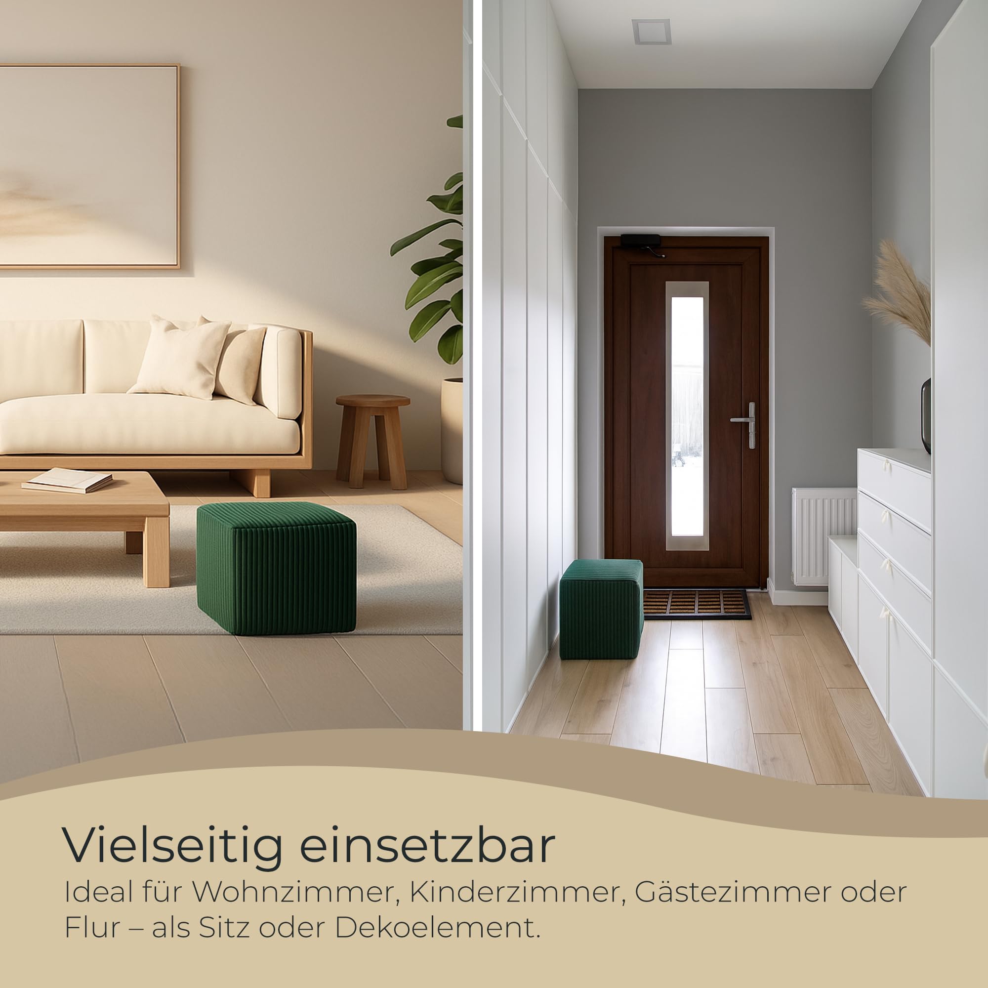 Hocker Wohnzimmer Sitzhocker - Quadratisch 40 x 40 cm - Sofahocker - Dünner Cord Ecru