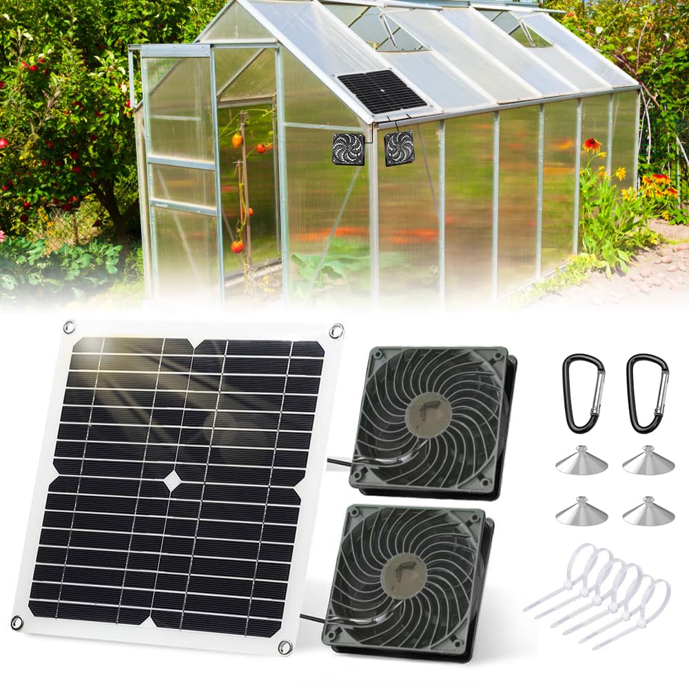 Solar Panel Fan Kit, 12W Solar Fan with 9.84 feet Cable, Dual-Head Solar Powered Fan, IP65 Waterproof Solar Power Fan, Solar Ventilation Fan for Greenhouse, Chicken Coops, Pet Houses (20, Watts)
